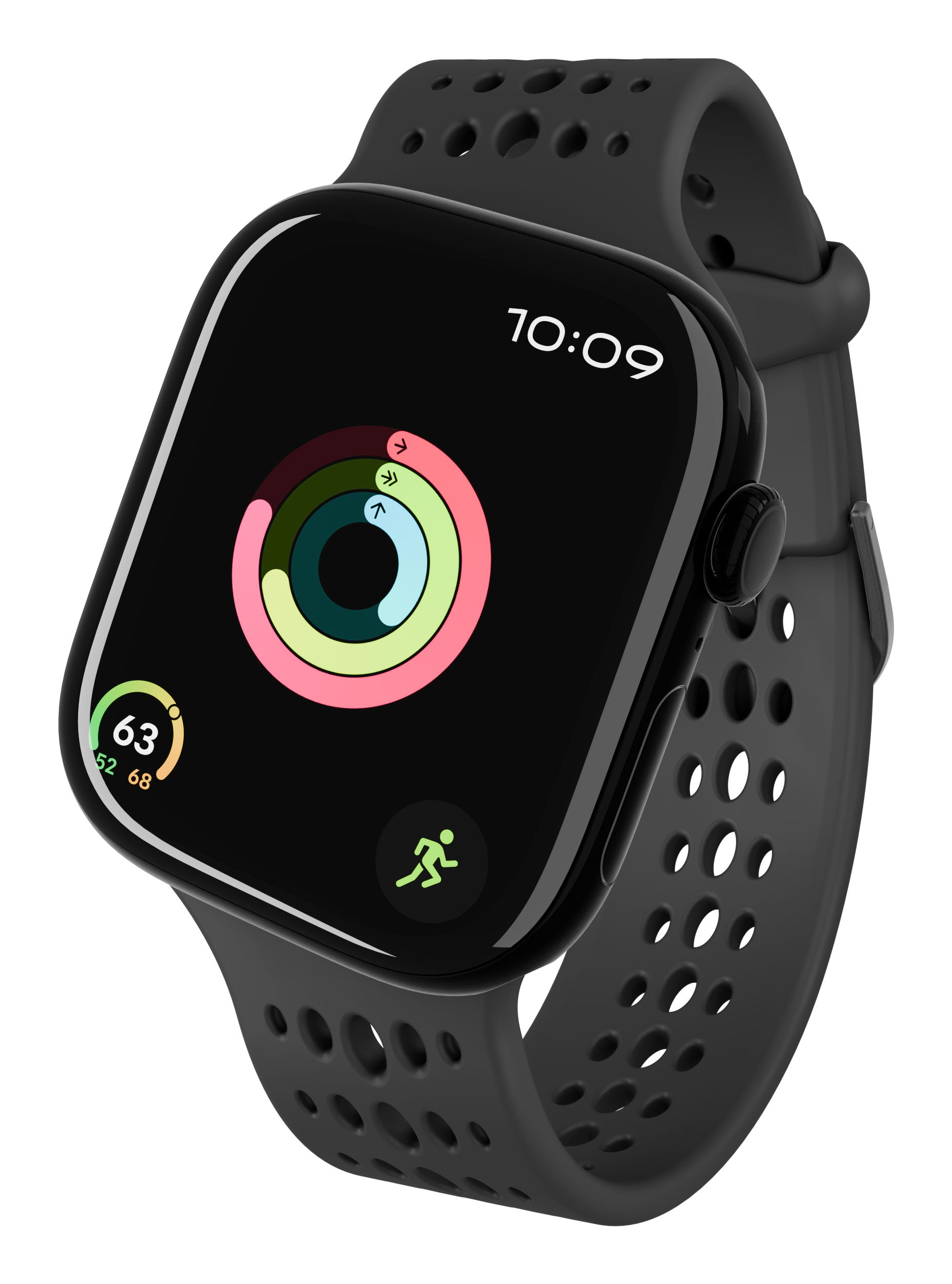 Uno smartwatch nero con anelli di attività e un'icona di corsa.