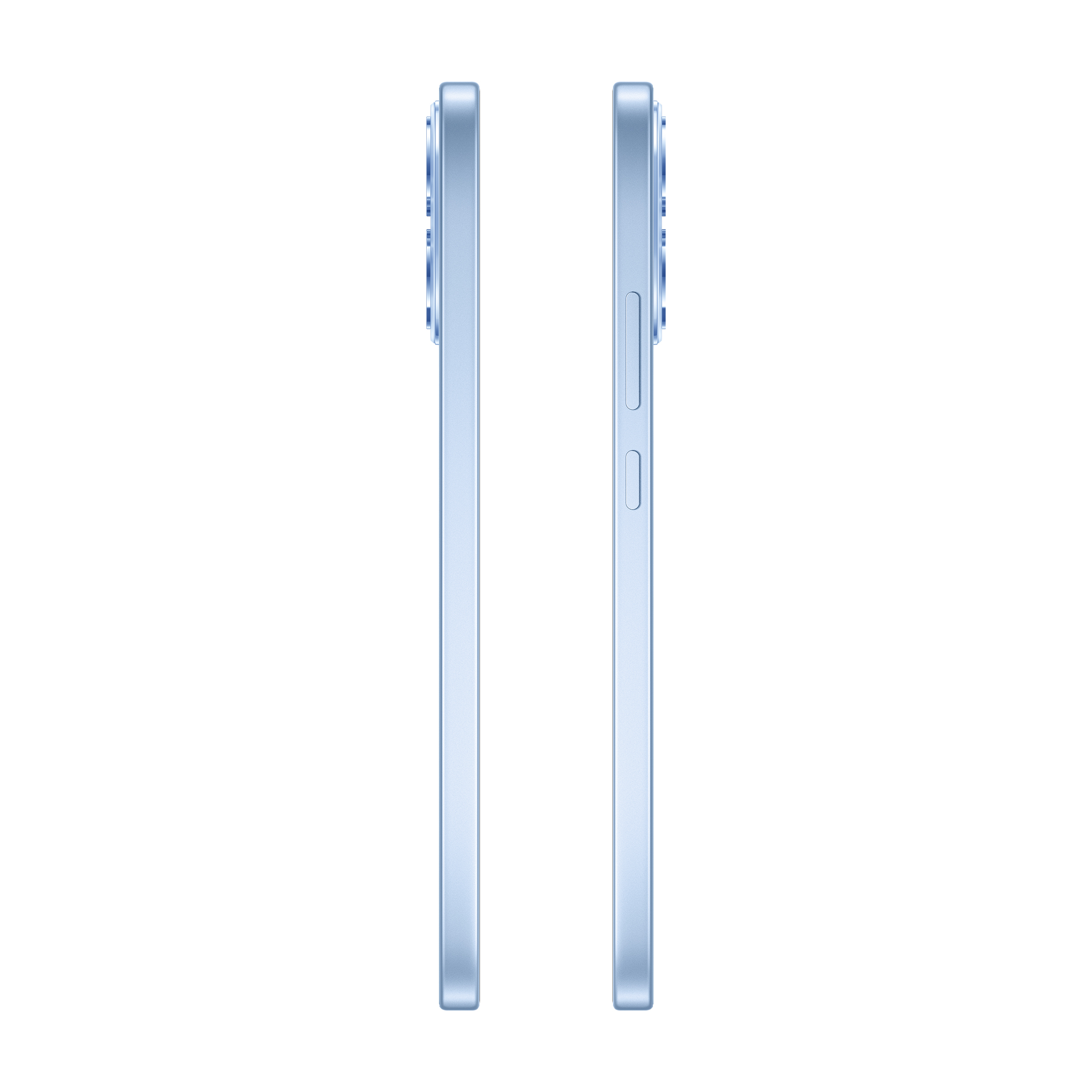 Dwa jasnoniebieskie smartfony obok siebie, pokazujące profile boczne.