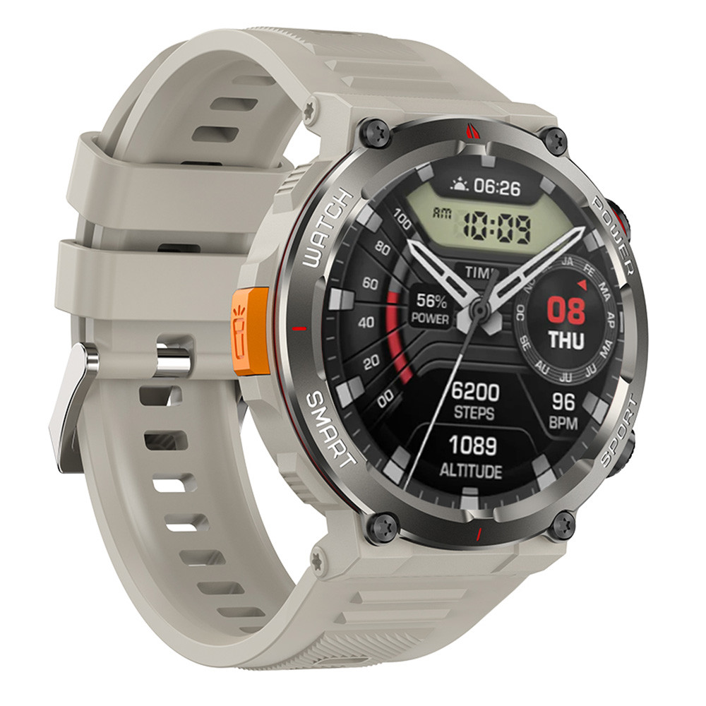 Uno smartwatch grigio con display digitale nero che mostra ora, passi e frequenza cardiaca.
