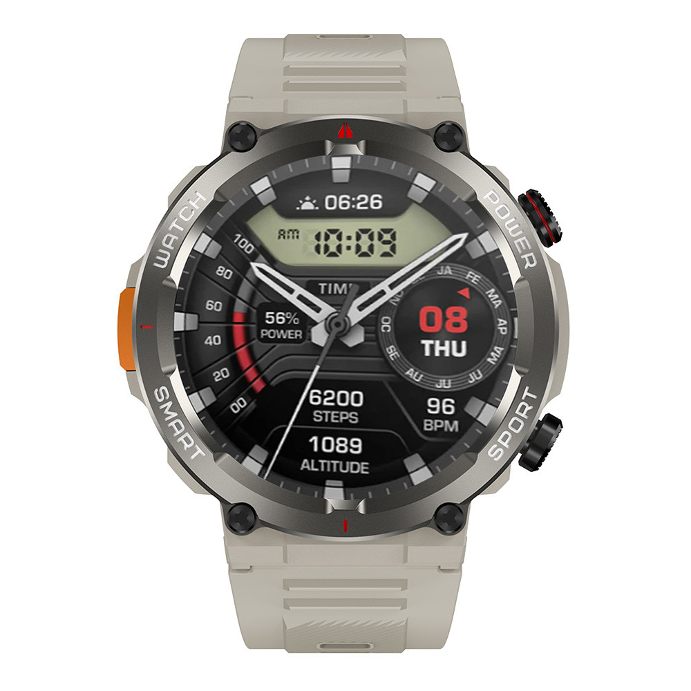Uno smartwatch con cinturino beige e cassa in metallo grigio. Lo schermo mostra ora, data, passi, altitudine e battito cardiaco.