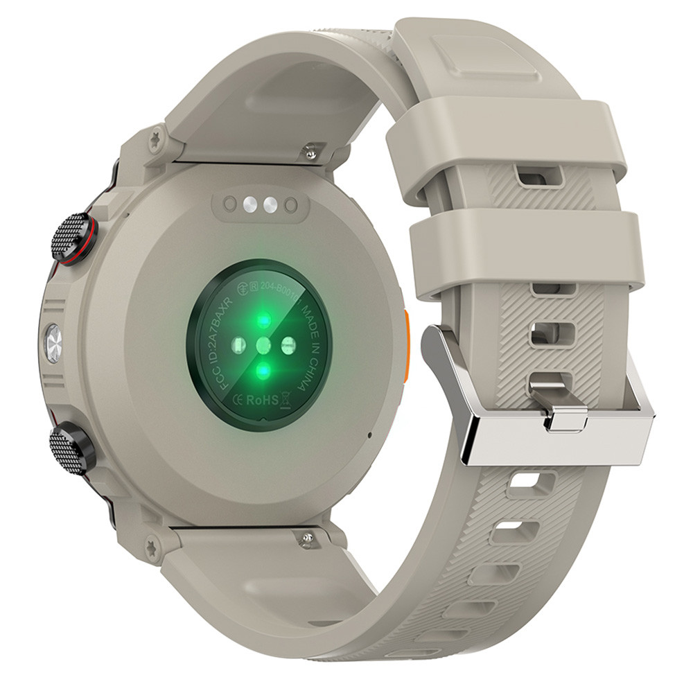 Retro di uno smartwatch beige con sensori per il battito cardiaco verdi e fibbia in metallo.