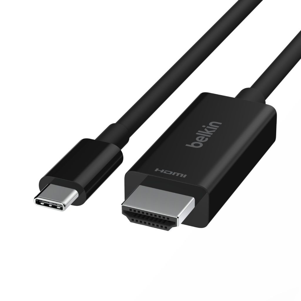 Câble Belkin HDMI vers USB-C noir avec connecteurs HDMI et USB-C.