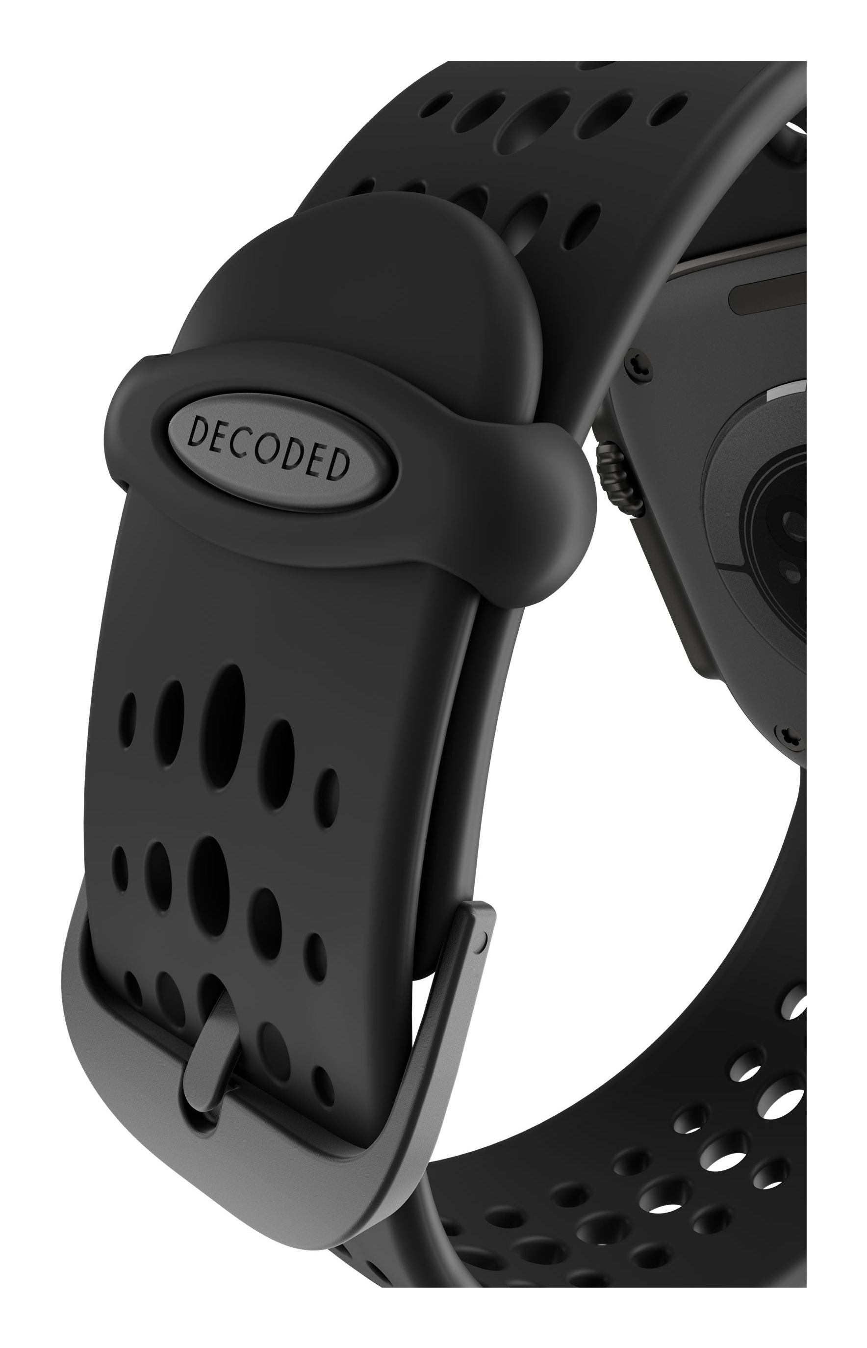 Primo piano di un cinturino nero per orologio con logo DECODED e perforazioni circolari.