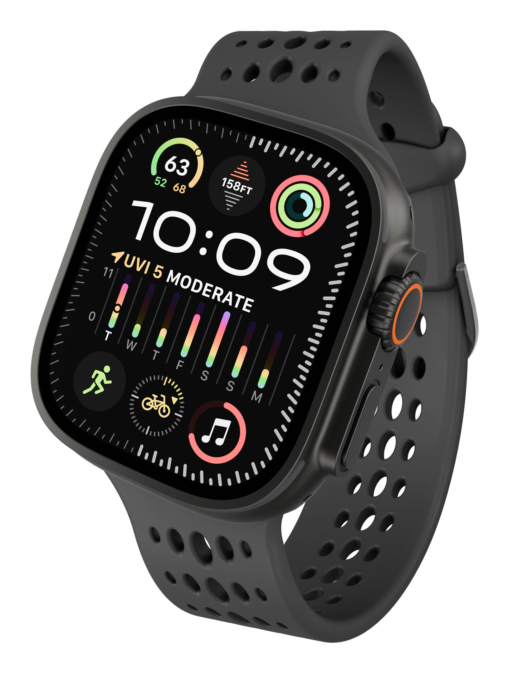 Smartwatch nero mostra 10:09, indice UV, battito cardiaco e anelli attività.