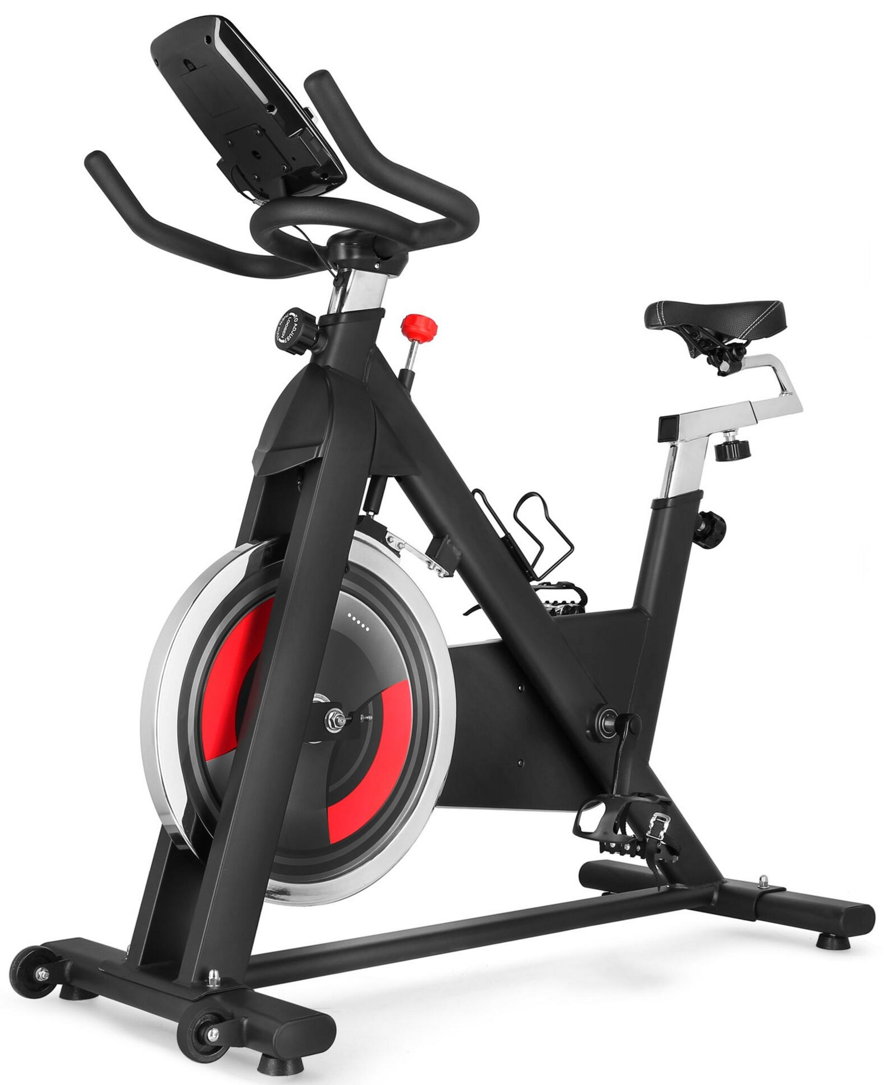 Bicicleta estática negra con detalles rojos en el volante y pantalla digital.