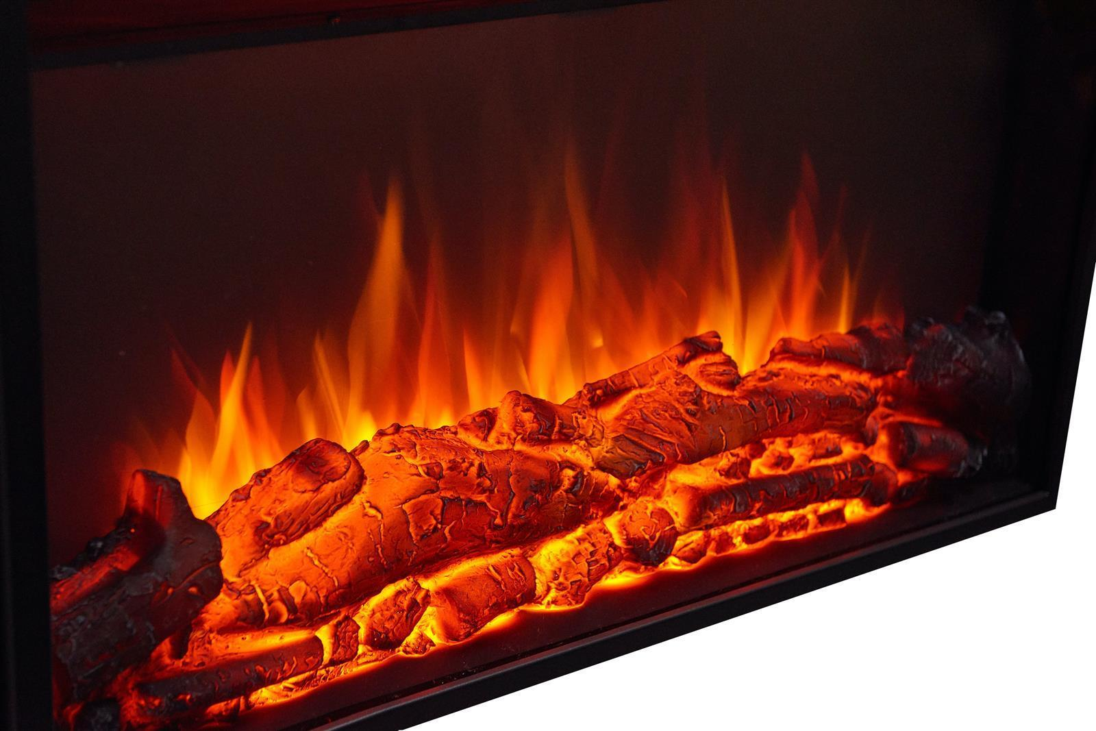 Elektrisches Kaminfeuer mit leuchtenden Holzscheiten und Flammen.
