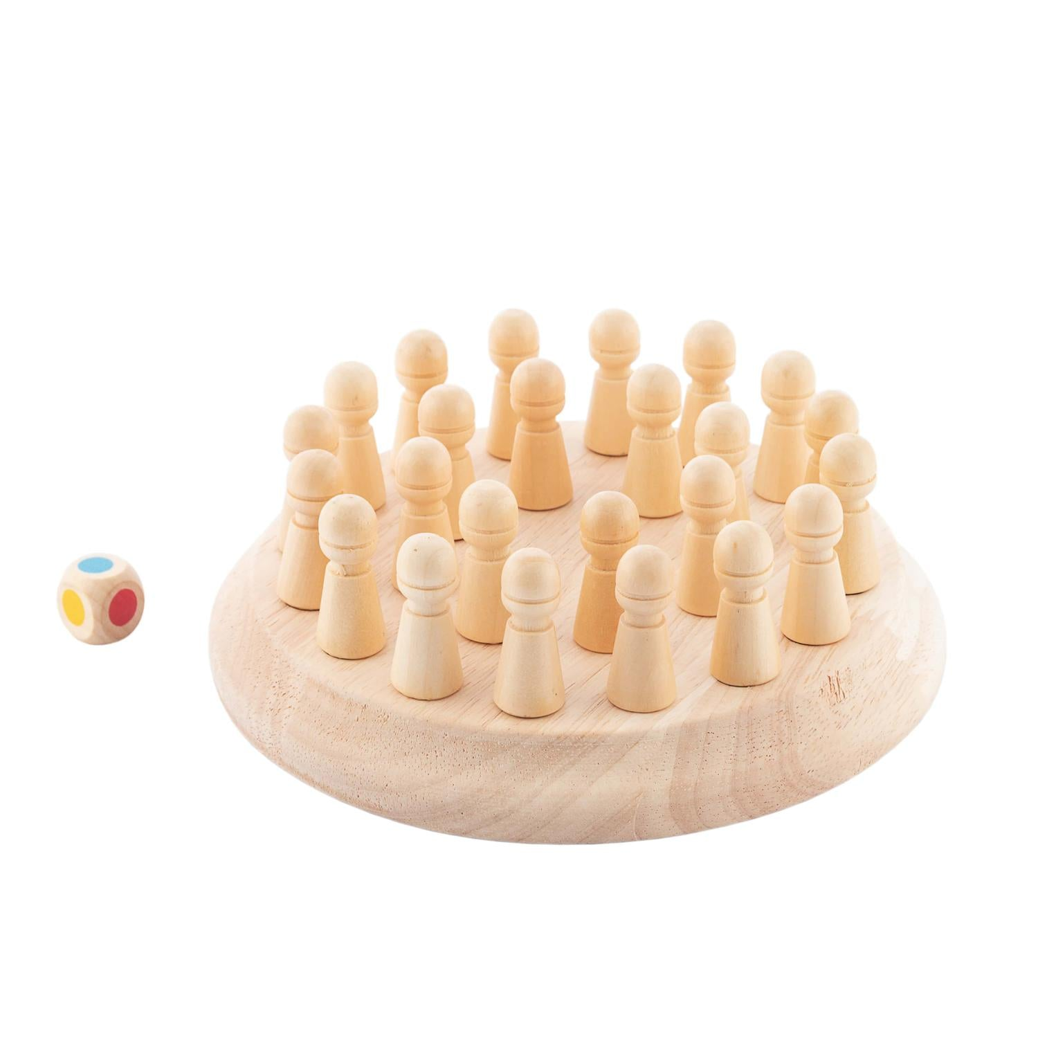 Gioco di pioli in legno con un dado su sfondo bianco. Pedine disposte su una tavola circolare.