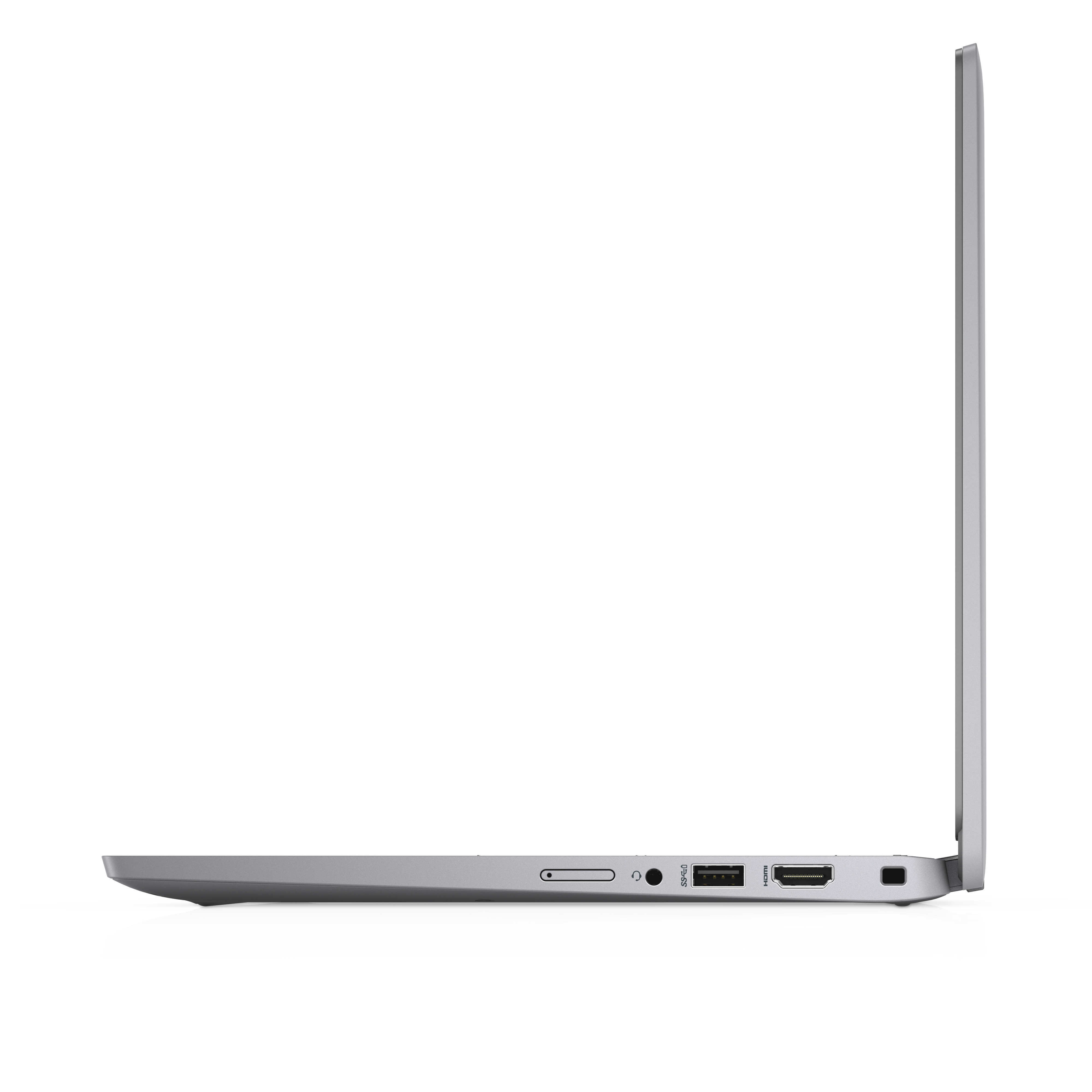 Side view of a slim silver laptop showing ports: SD card reader, headphone jack, USB, HDMI.