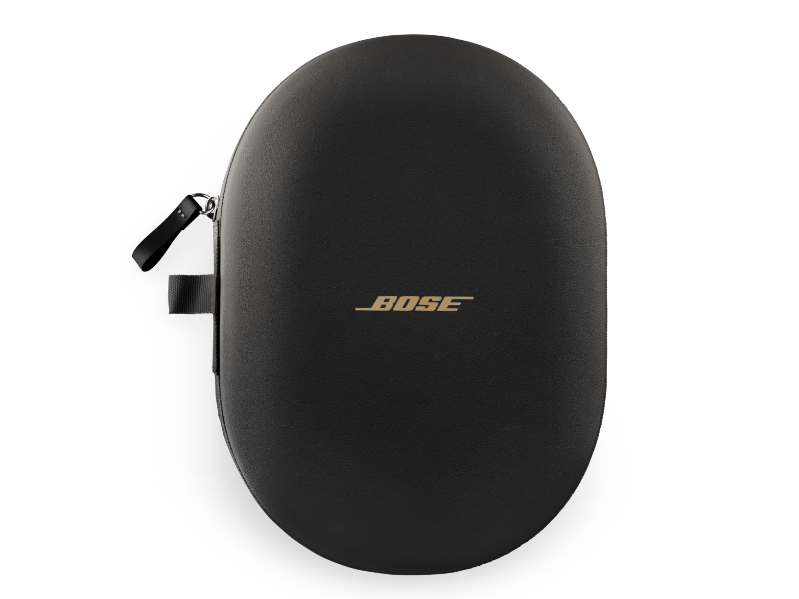 Funda ovalada negra para auriculares Bose con logo dorado y cremallera lateral.