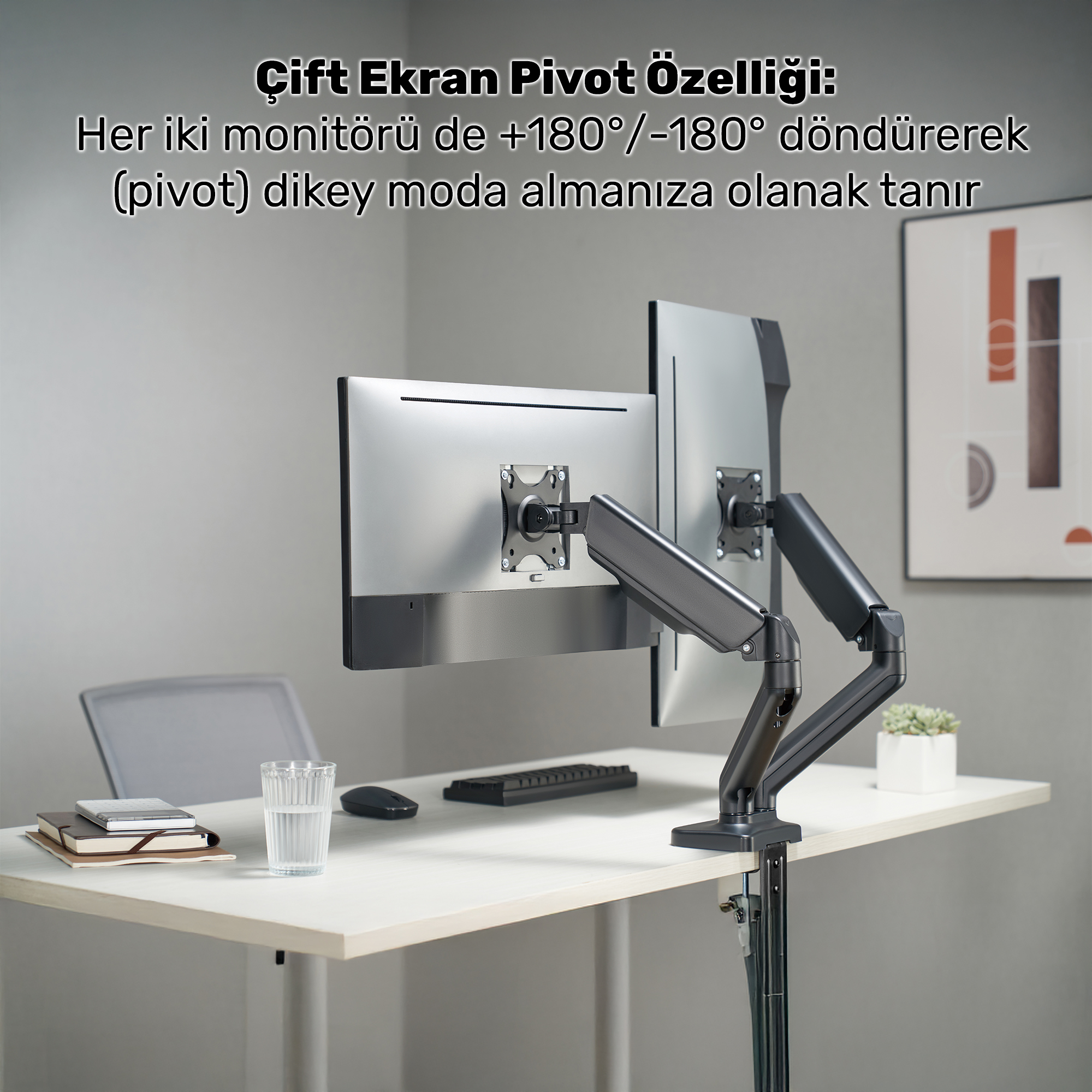 Ayarlanabilir kollu çift monitör, 180 derece dönebilir.