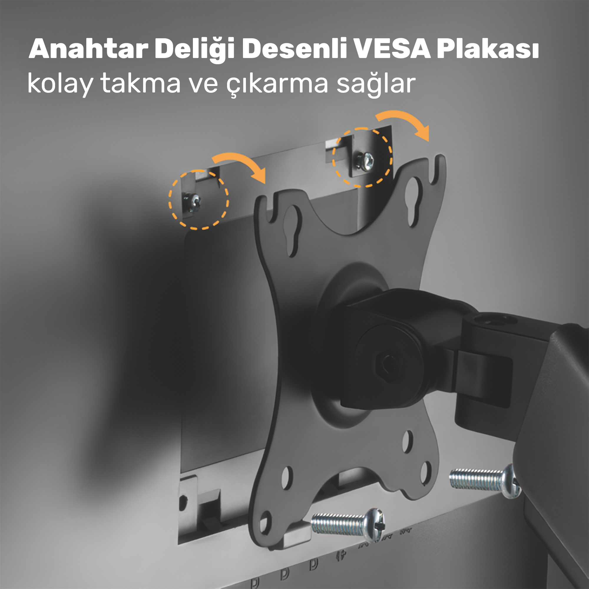 Kolay takma için anahtar delikli VESA montaj aparatı, vidalarla gösterilmiştir.