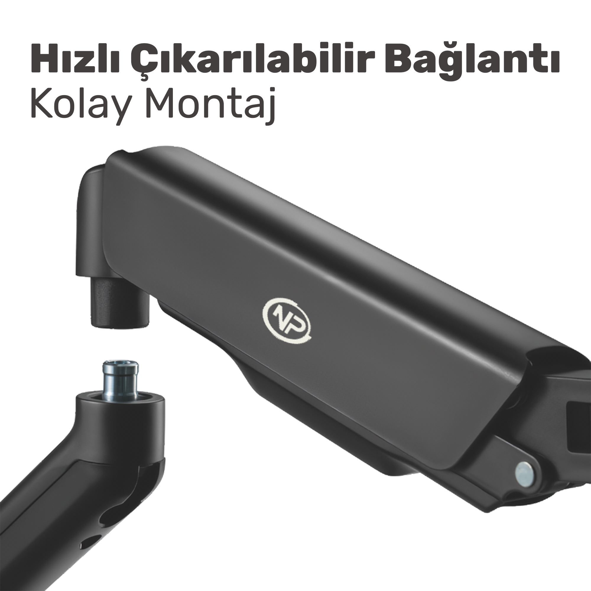 Bir sokete uyan bir pime sahip siyah montaj kolu.