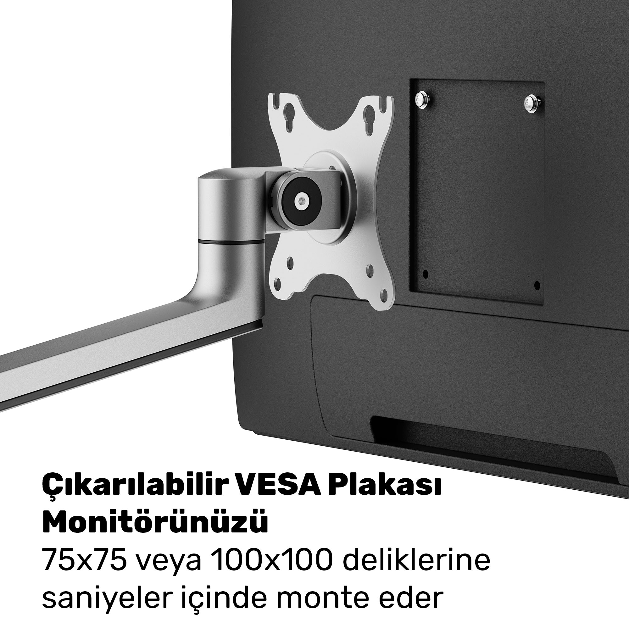 Siyah ekrana takılı VESA montajlı monitör kolu.