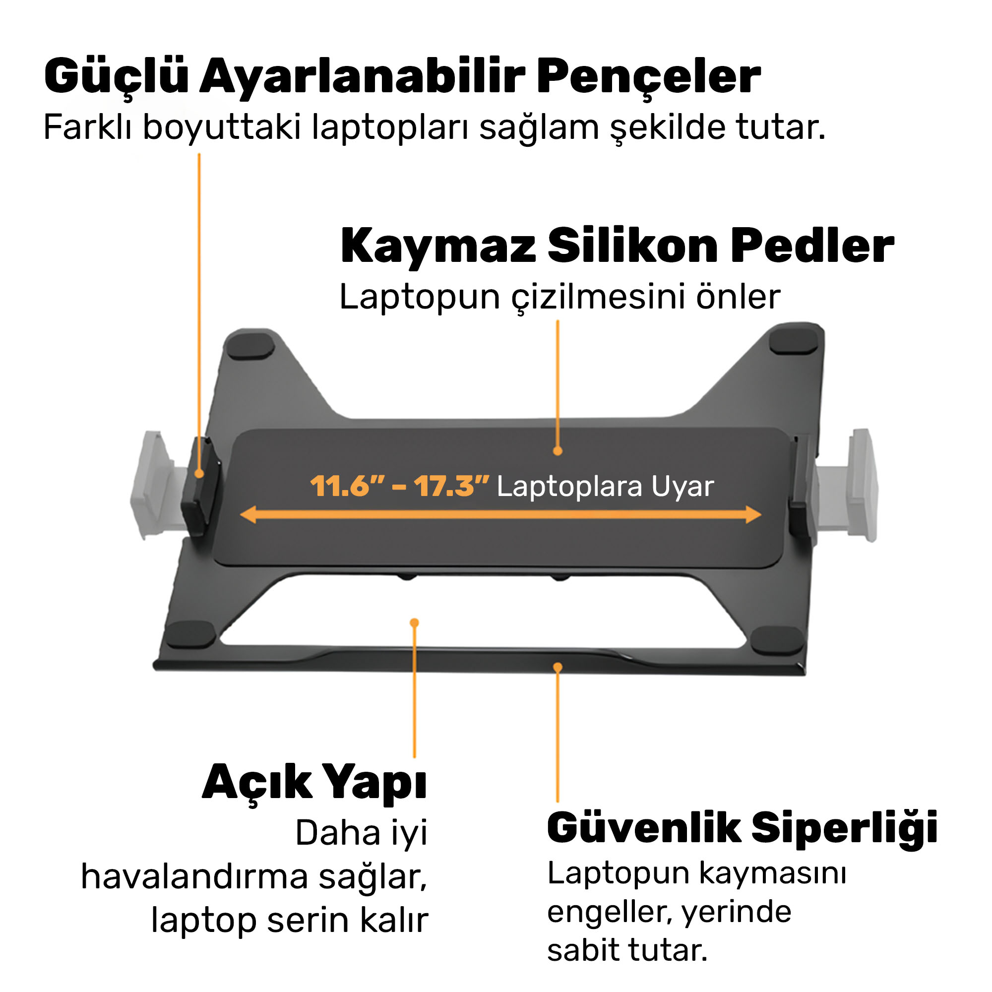 Ayarlanabilir pençeli, silikon pedli, güvenlik siperlikli siyah dizüstü bilgisayar standı.