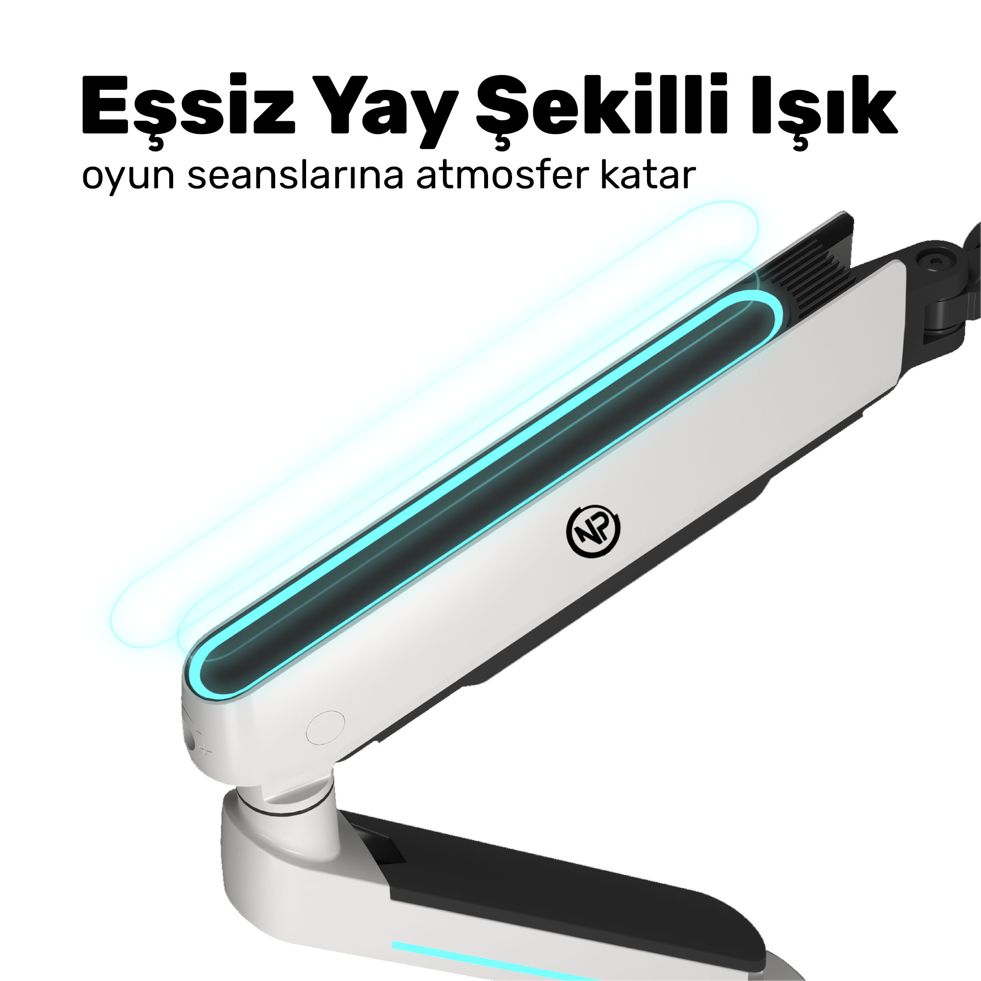 Mavi ışıklı beyaz oyun kolu, 'NP' logosu, oyun seansları için.