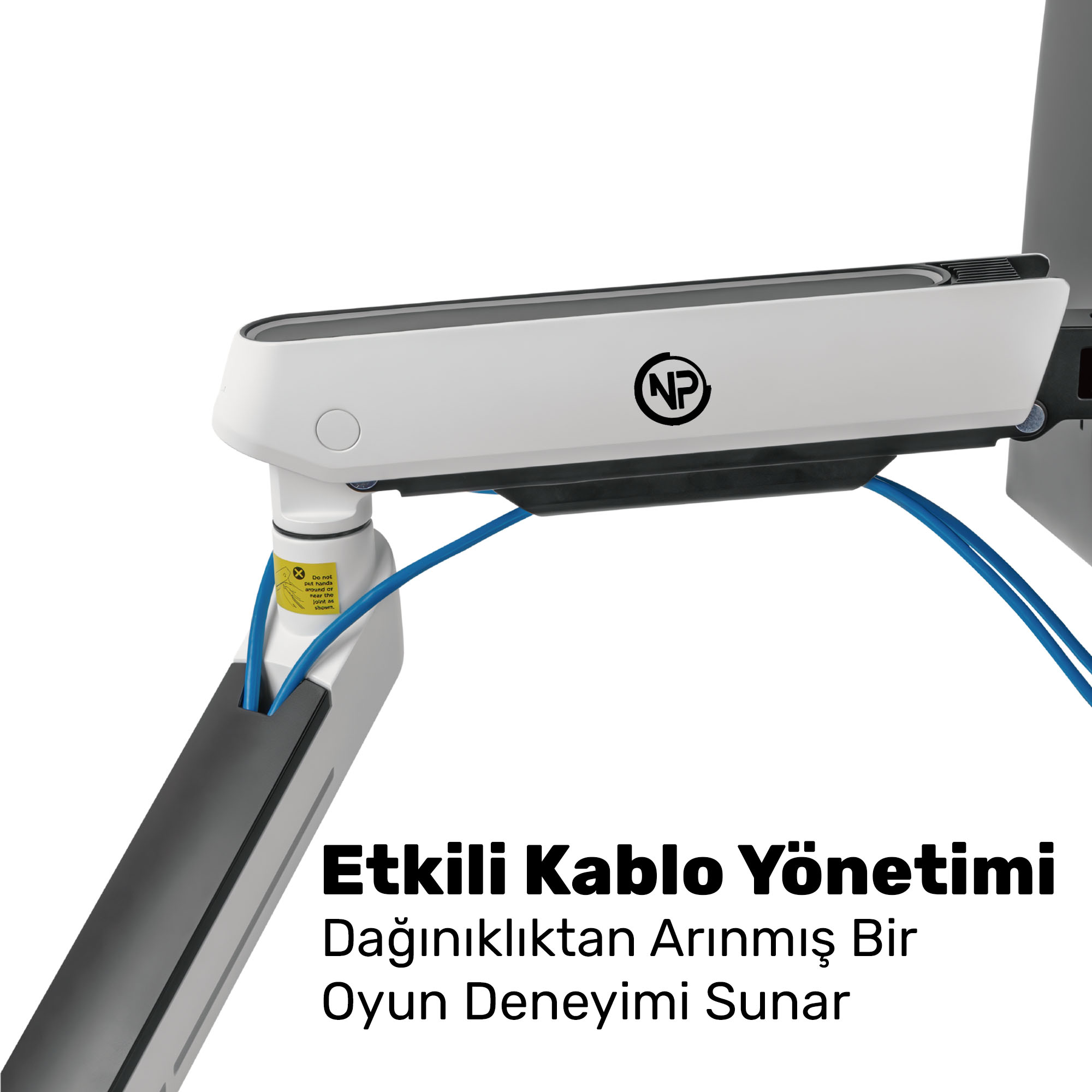 NP logosu ve mavi kablo yönetimi olan beyaz monitör kolu.