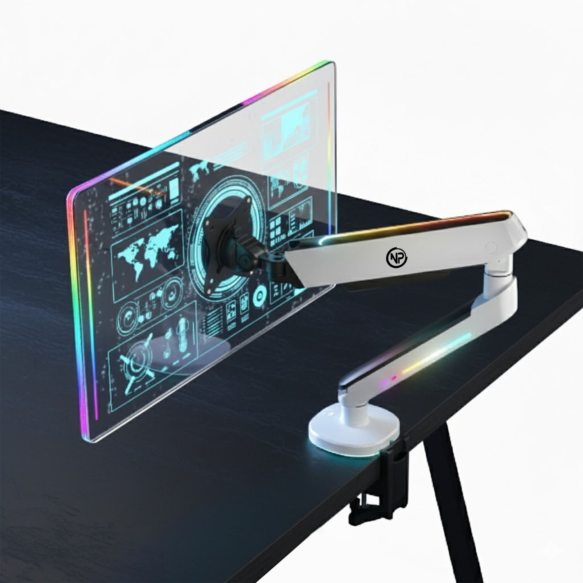 RGB aydınlatmalı beyaz bir monitör kolu, şeffaf bir ekranı tutarak siyah bir masaya kelepçelenir.
