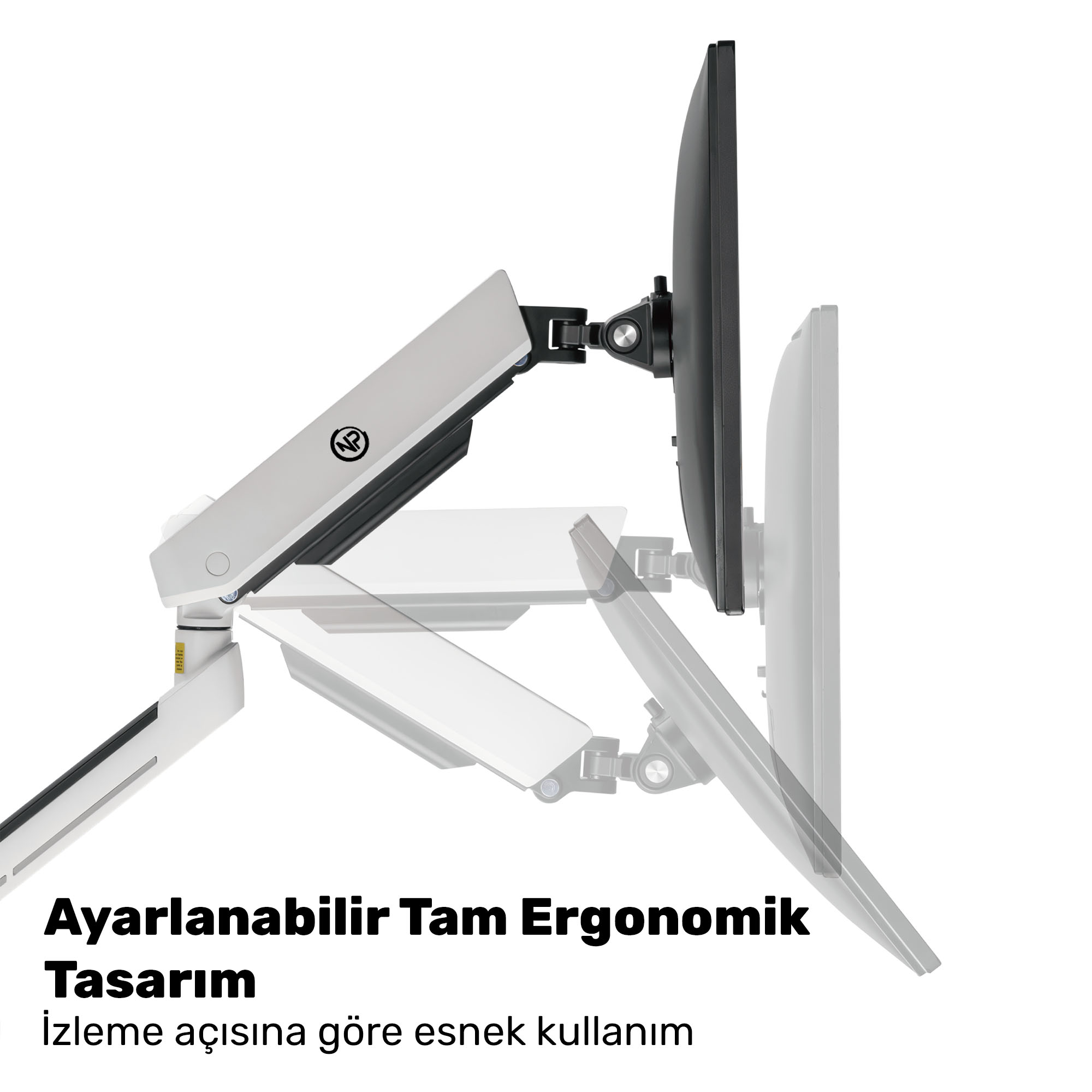 Beyaz ve siyah monitör kolu, bir ekran tutuyor. Ayarlanabilir.