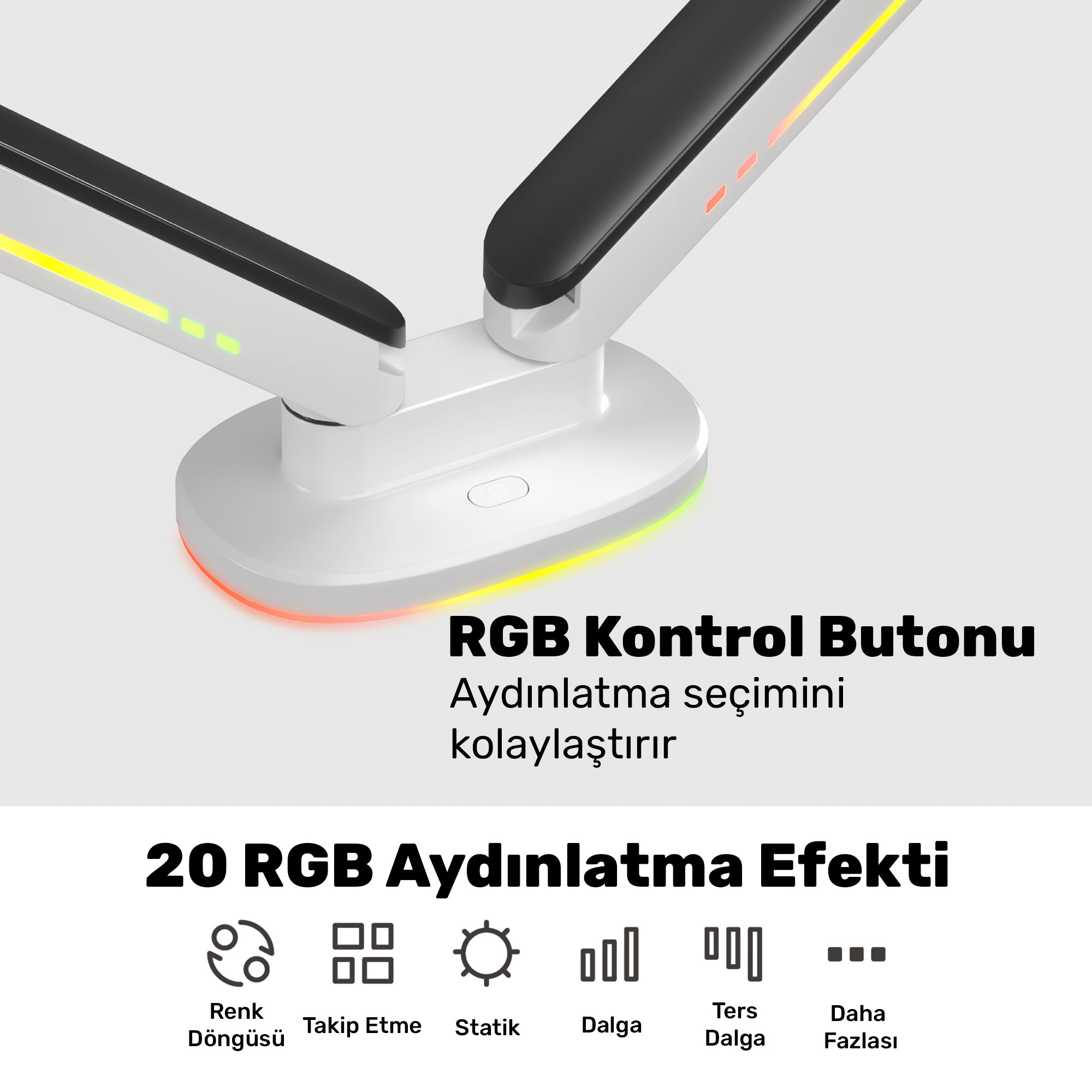 Ayarlanabilir kollu ve ışık efektli beyaz RGB lamba. Metin 20 efekti vurguluyor.