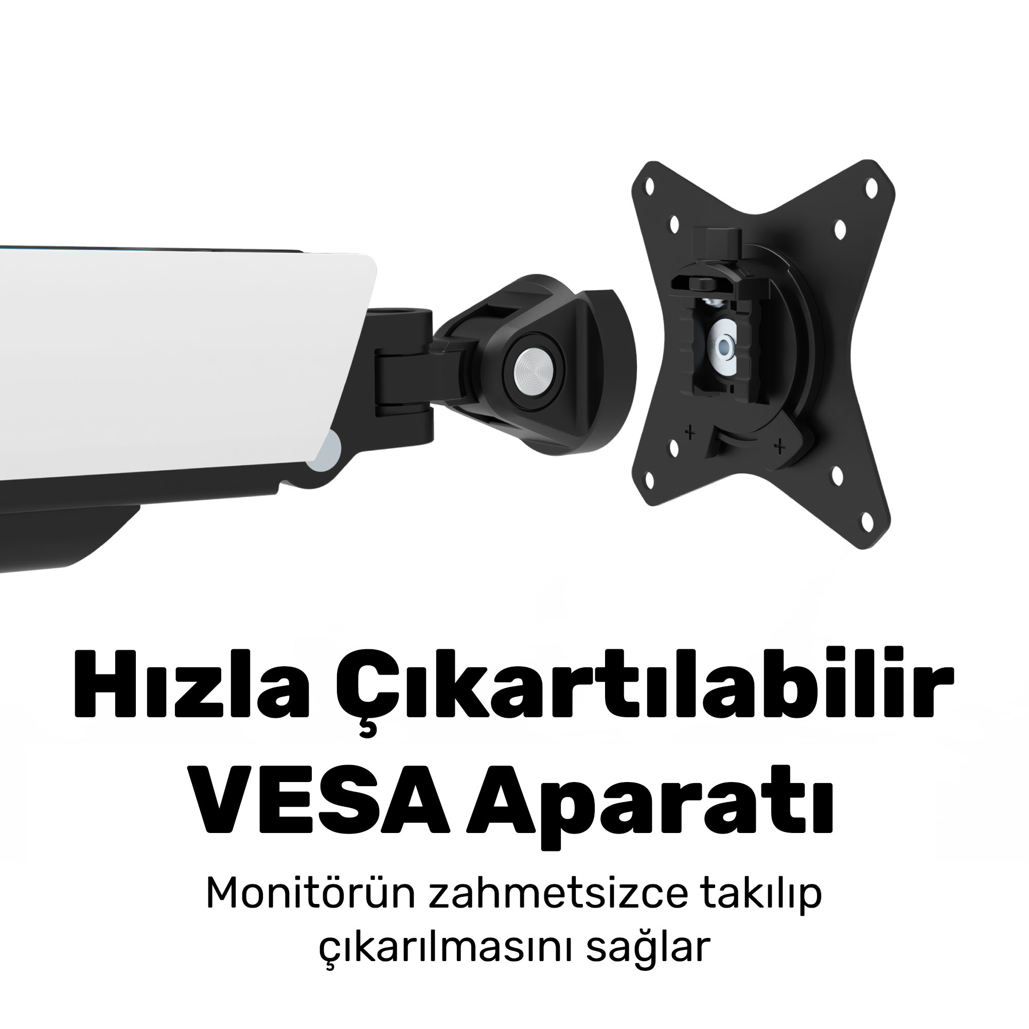 Beyaz monitör kolu, siyah VESA adaptörü beyaz arka plan üzerinde.
