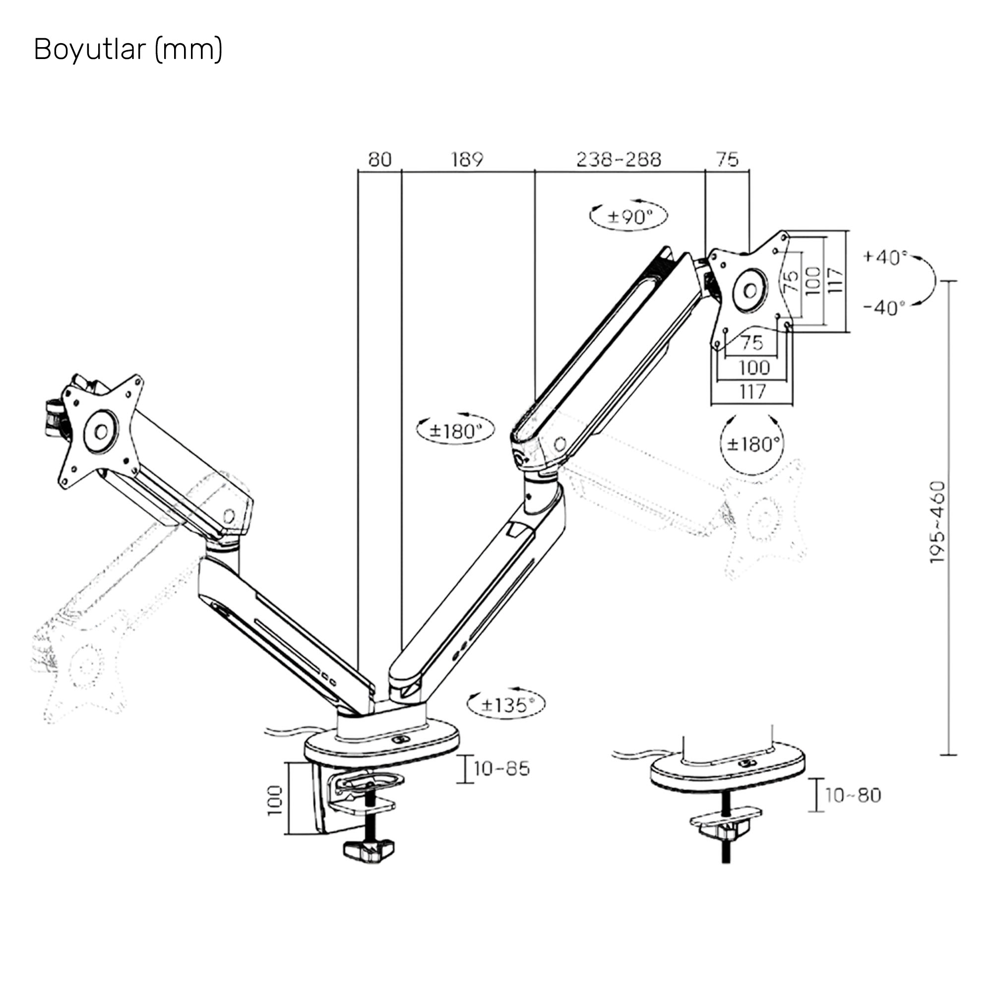 Boyutlar ve açıların belirtildiği monitör kolu teknik çizimi.