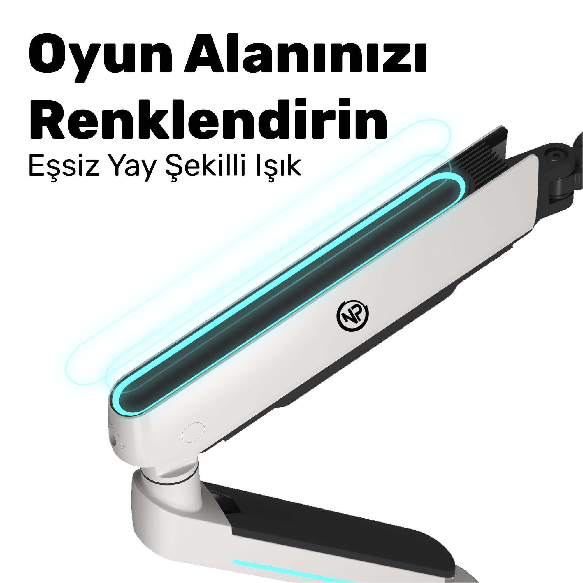 NP logolu, mavi ışıklı beyaz lamba. Yazı: 'Oyun alanınızı renklendirin'.