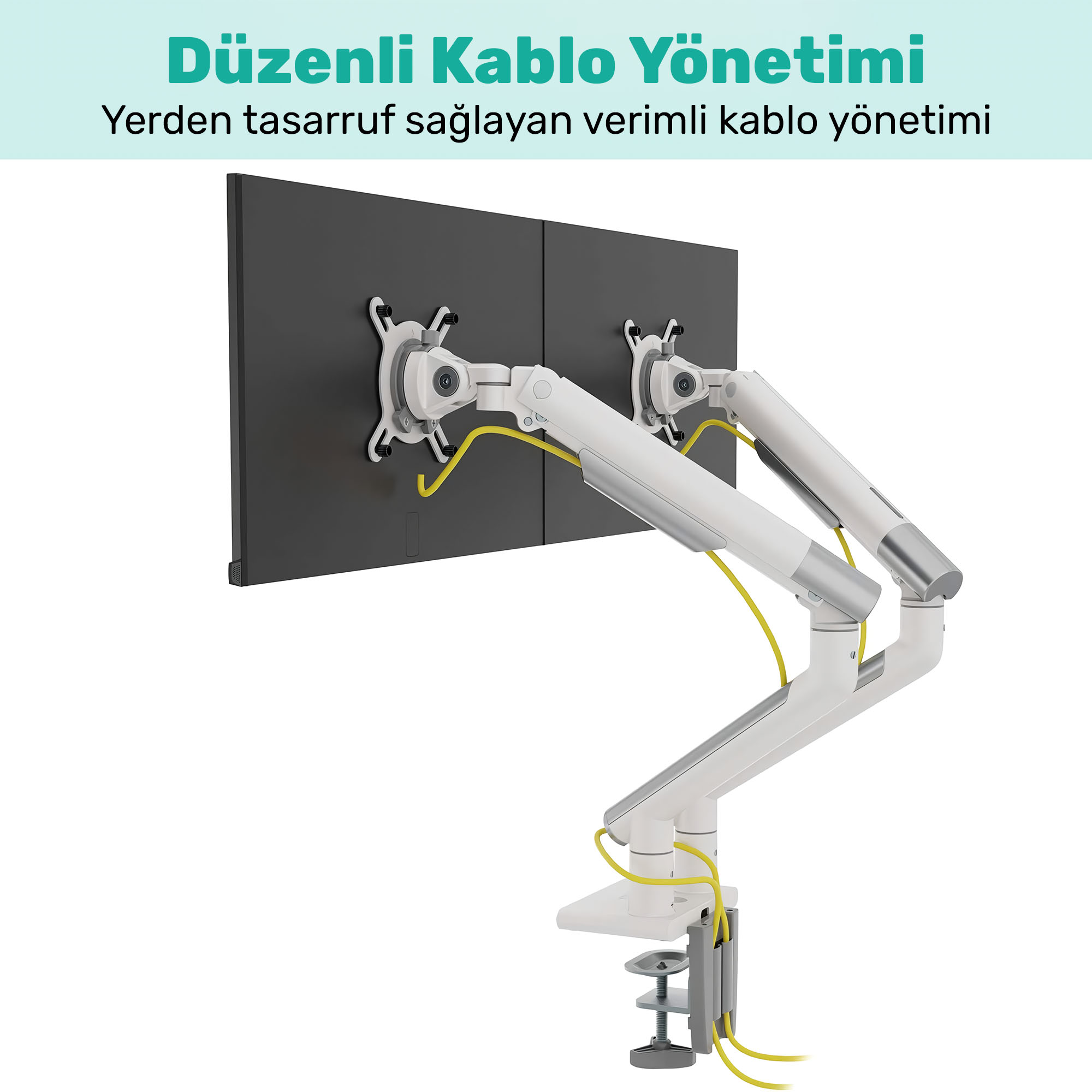 İki beyaz monitör kolu siyah ekranları tutuyor. Kolların içinden sarı kablolar geçiyor.