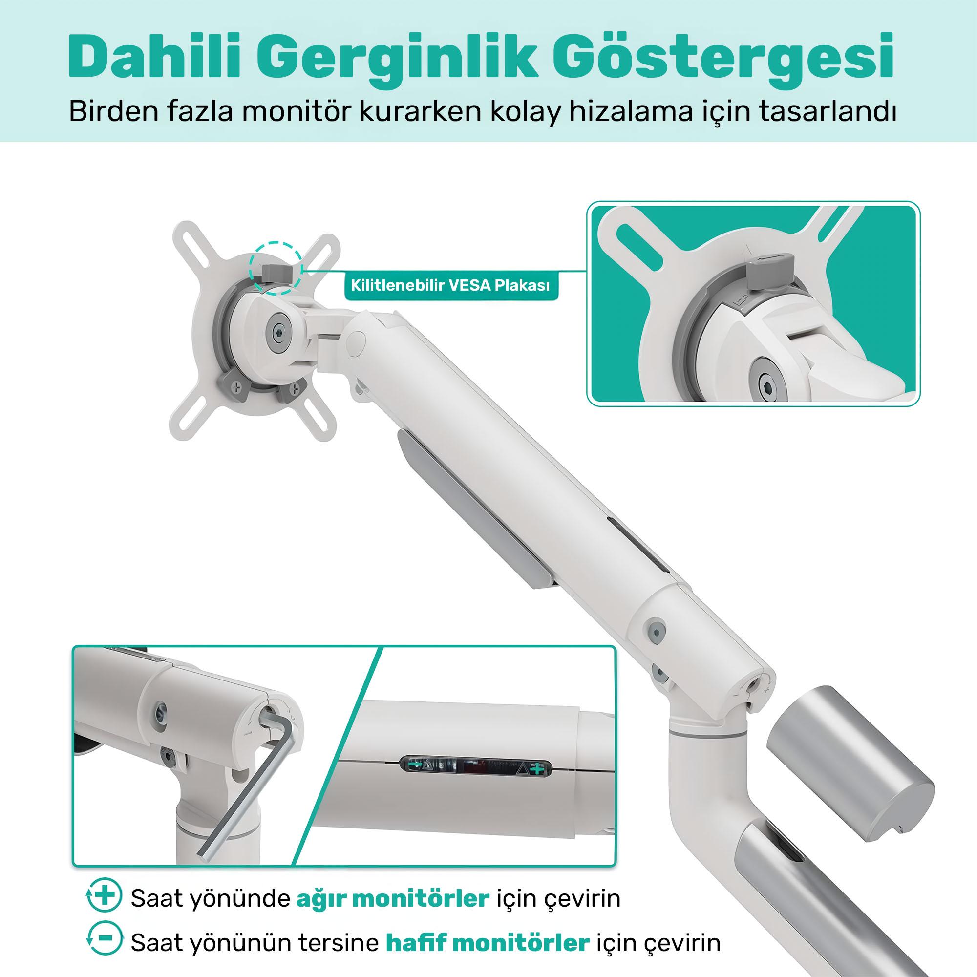 Hafif/ağır monitör ayarı için göstergeli, VESA plakalı beyaz monitör kolu.
