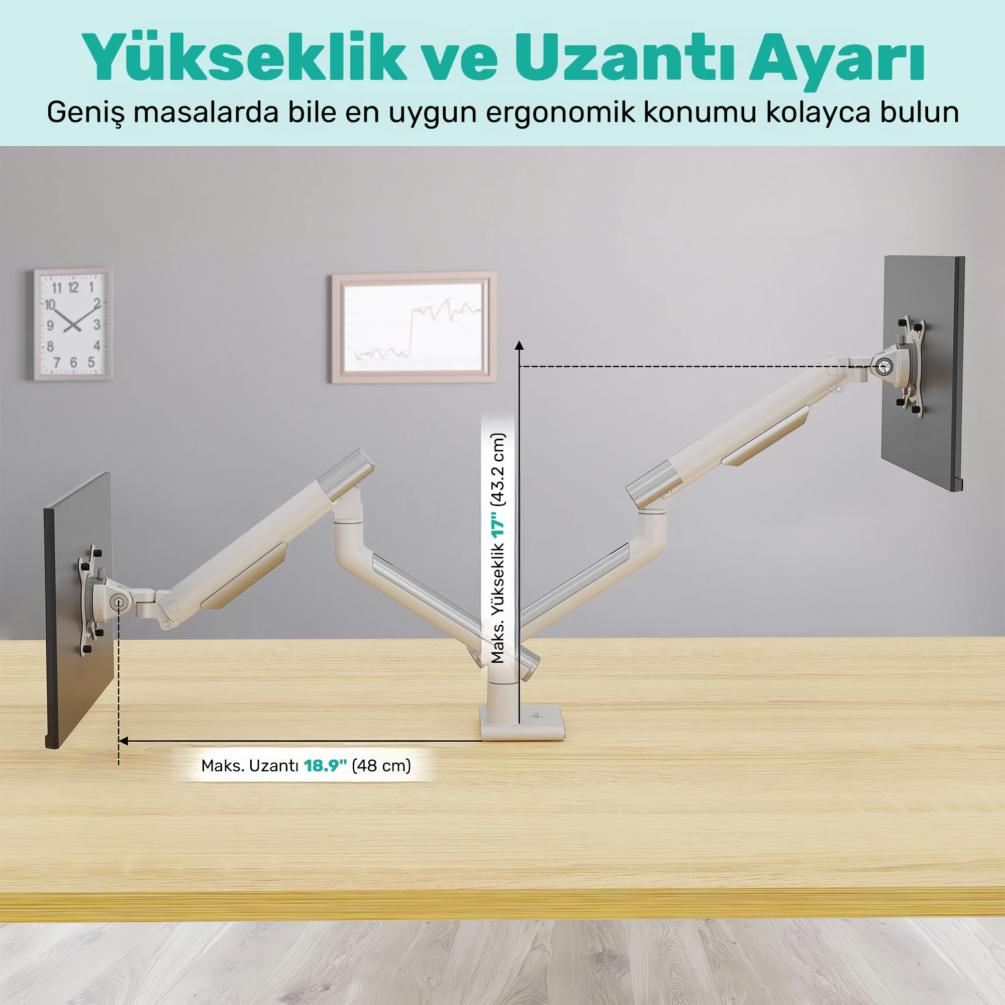 Beyaz bir monitör kolu, arkada saat ve çerçeveli sanat eseri bulunan bir masada.
