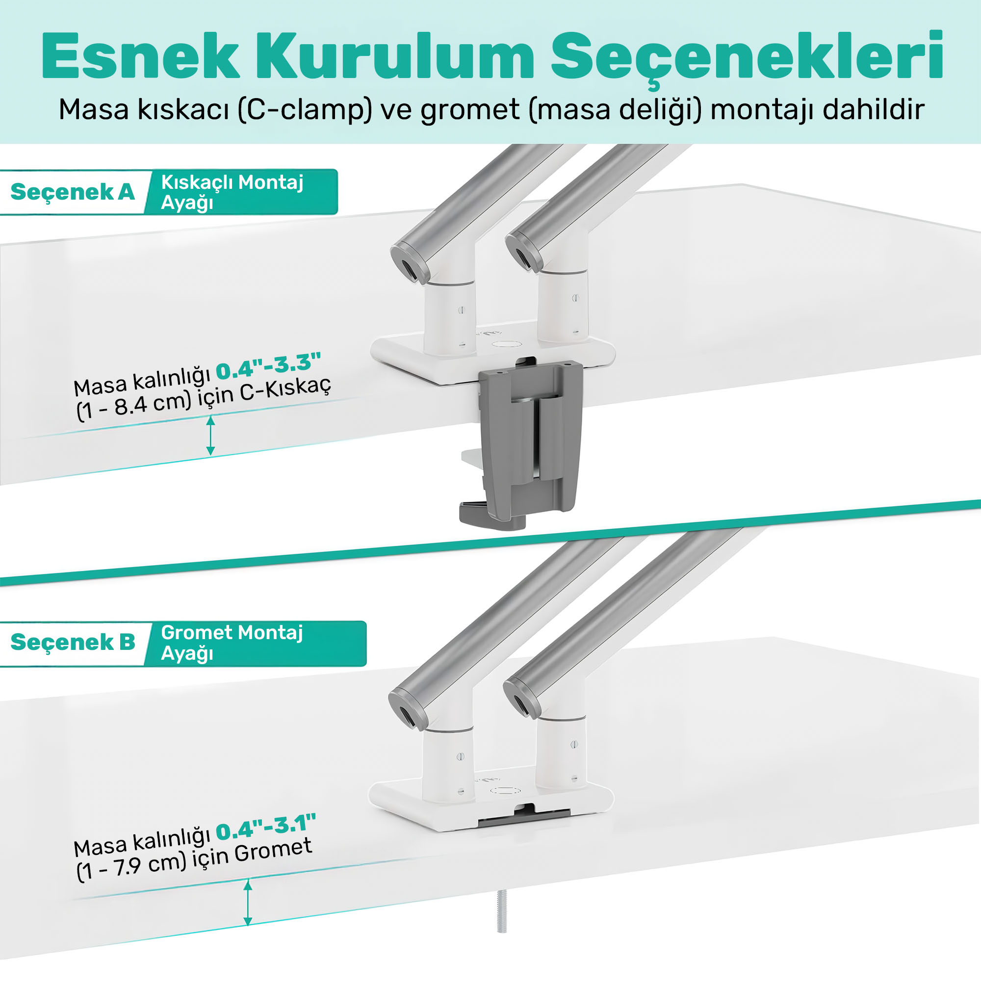 İki masa montaj seçeneği: 0,4-3,3" kalınlığındaki masalar için C-kelepçe ve 0,4-3,1" kalınlığındaki masalar için rondela.