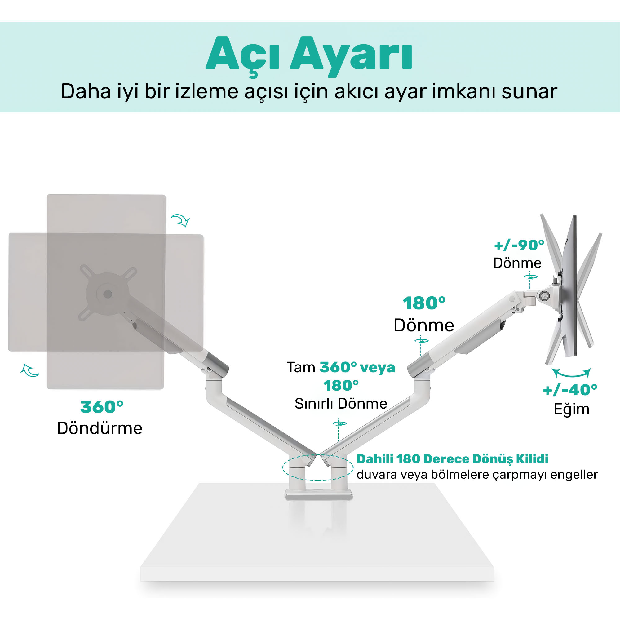 Esnek konumlandırma için döndürme, eğme ve çevirme özellikli monitör kolu.
