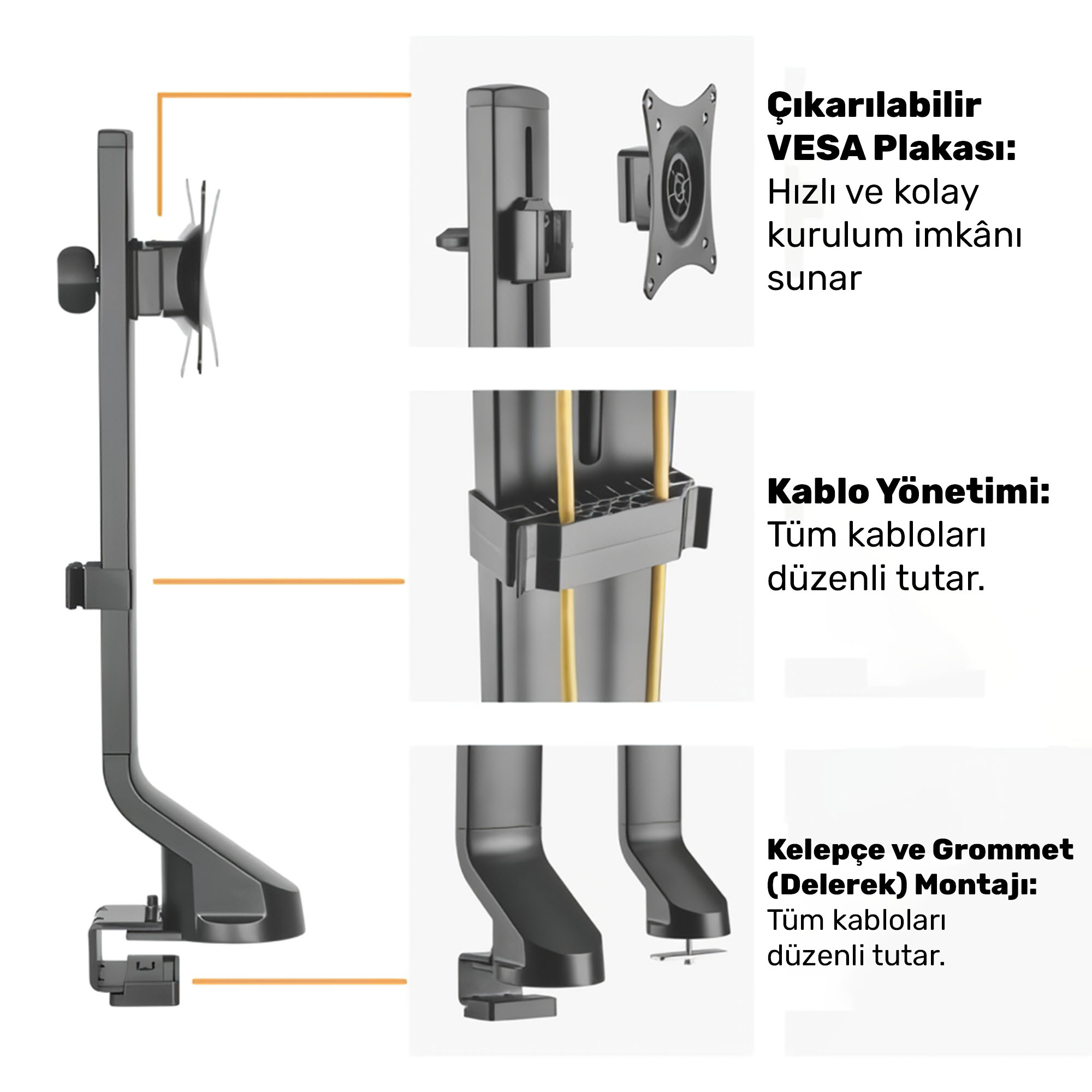 Çıkarılabilir VESA plakalı, kablo yönetimli ve kelepçeli monitör montaj aparatı.