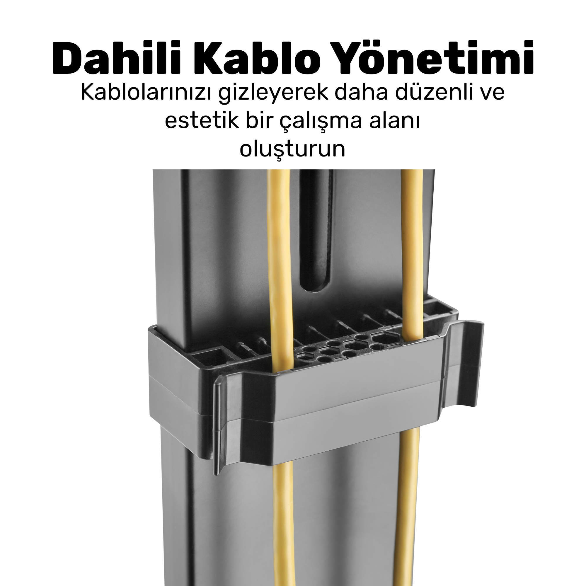 Siyah kablo yönetim klipsi, dikey bir stantta sarı kabloları tutuyor.