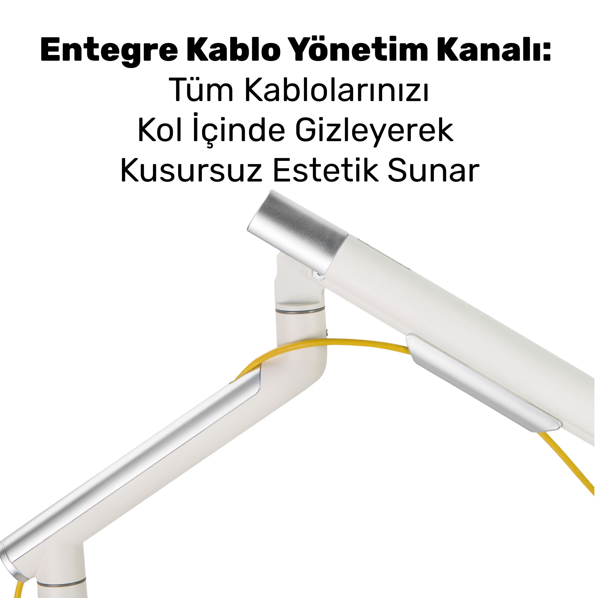 Gümüş aksanlı beyaz kol ve içinden geçen sarı kablo.