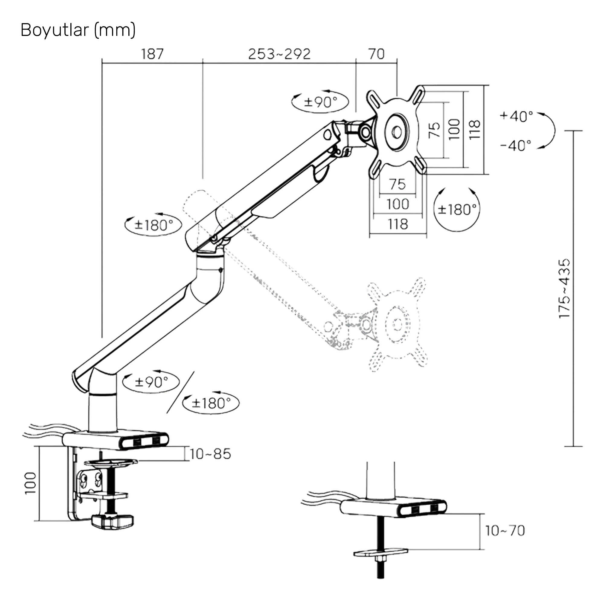 NPO STD49012UW Elysium 17"-32" Ultra Slim Alüminyum 2xUSB Amortisörlü VESA Tekli Monitör Tutucu Beyaz