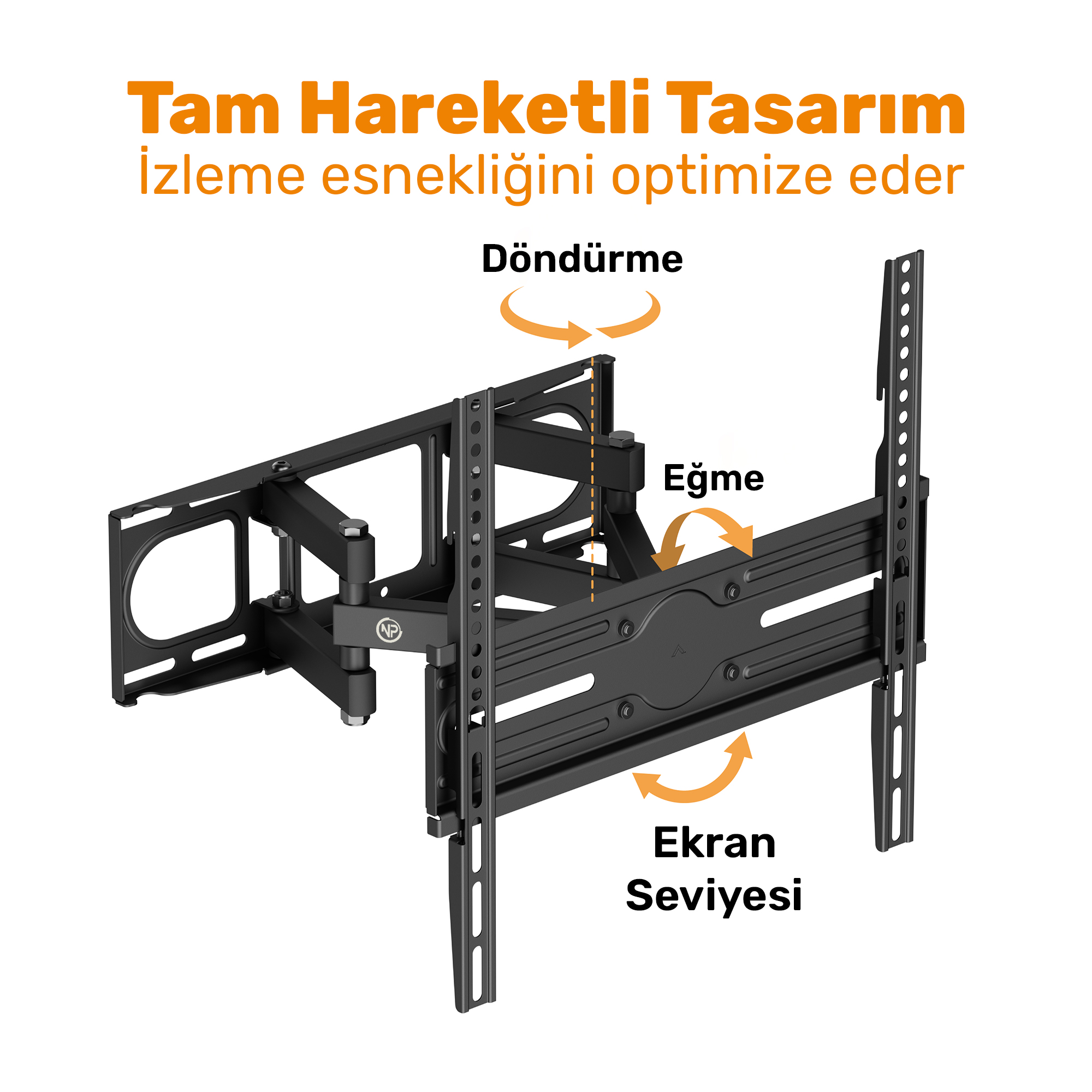 Döndürme, eğme ve ekran seviyesi için mafsallı kollu siyah TV duvar askısı.