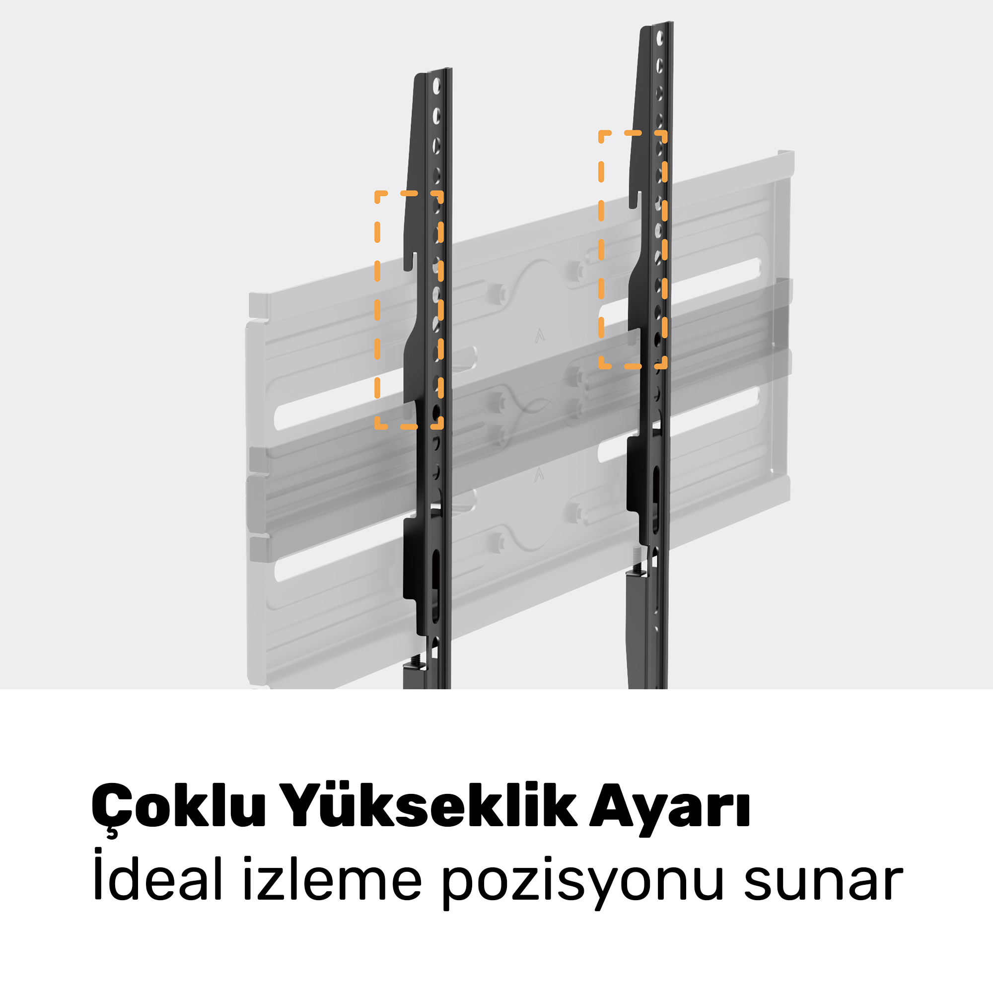İki dikey raylı ve turuncu işaretli siyah TV duvar askısı.
