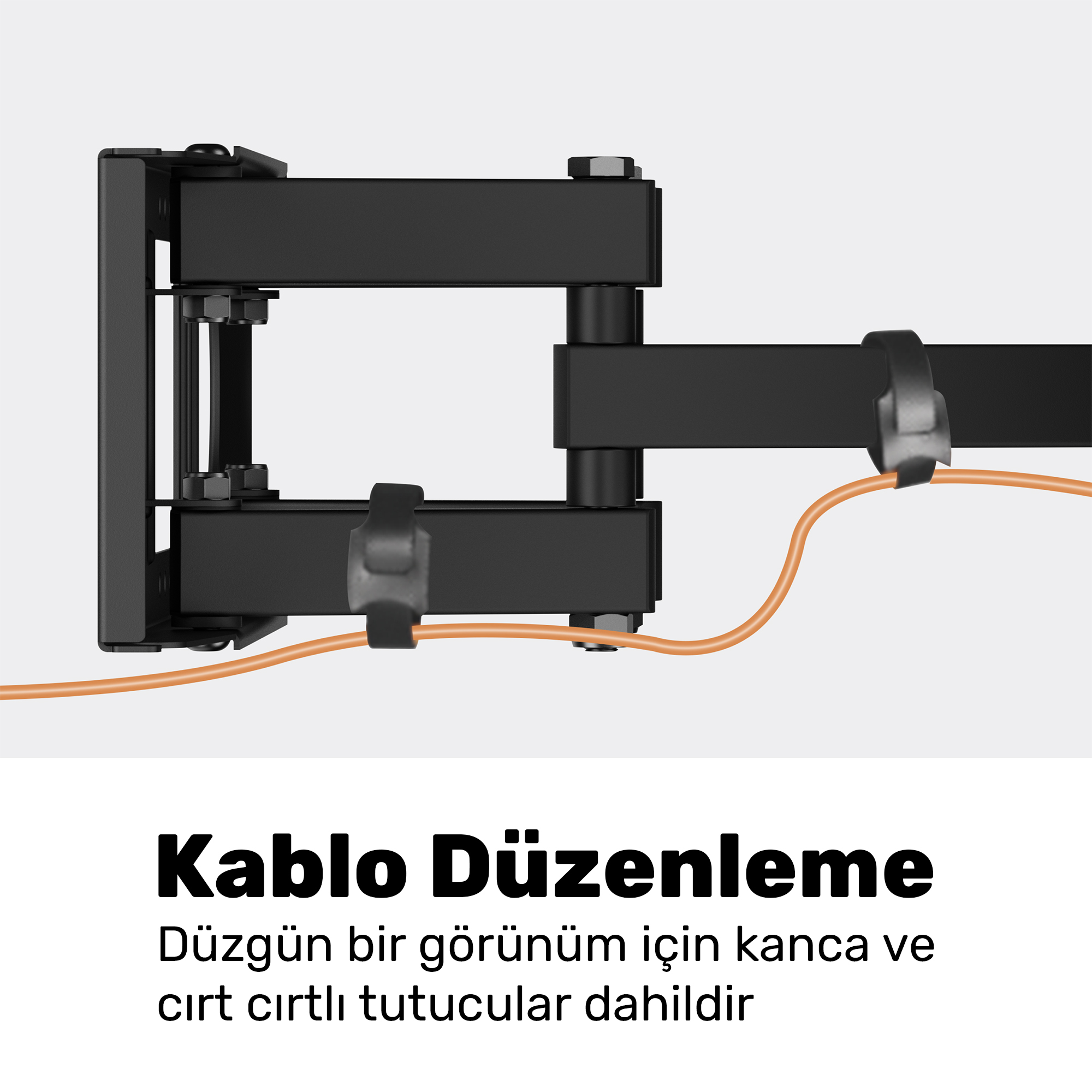 Turuncu kablolu ve bağlantı elemanlı siyah kablo yönetim aparatı.
