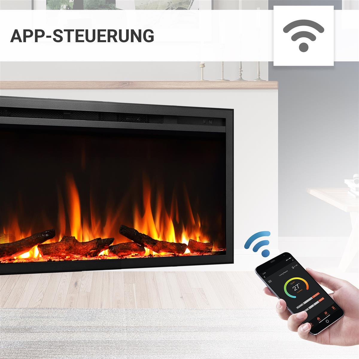 Ein moderner Kamin mit App-Steuerung. Flammen und Holzscheite sind sichtbar.