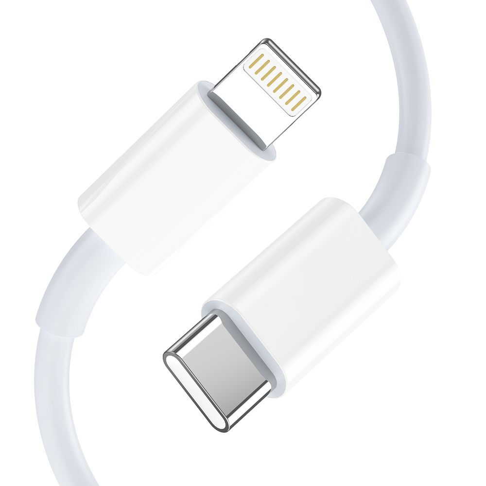 Un câble USB-C vers Lightning blanc avec connecteurs métalliques.