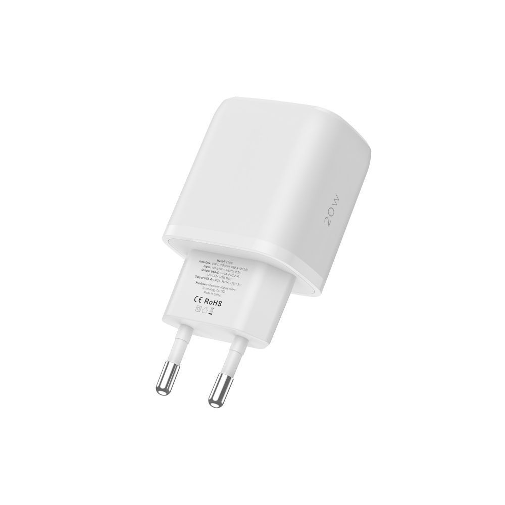 Un chargeur mural USB-C blanc de 20W avec des broches pliables et des informations produit.