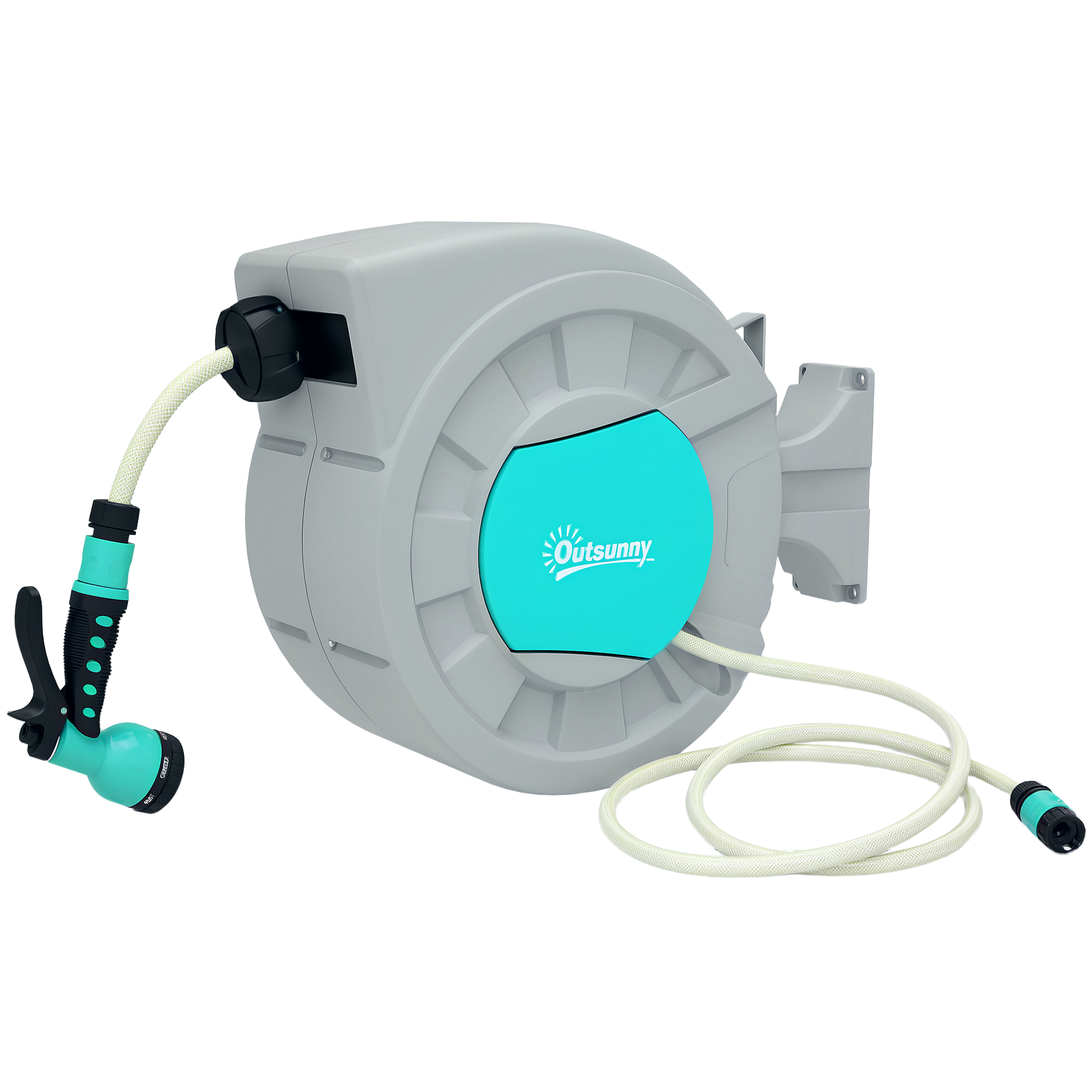 Avvolgitubo grigio con ugello spray aqua attaccato e tubo bianco.