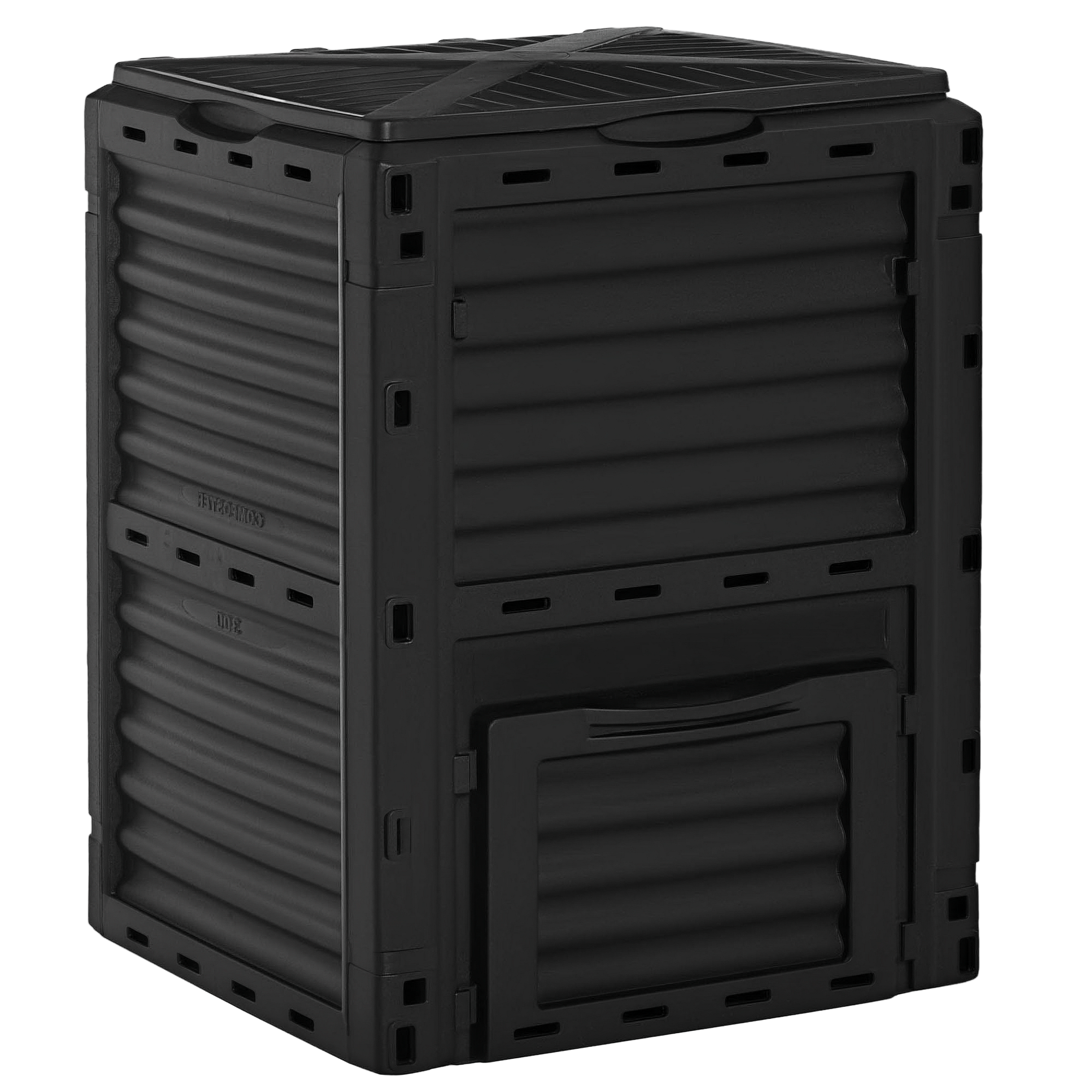 Un composter nero con fessure di ventilazione e una porta in basso.