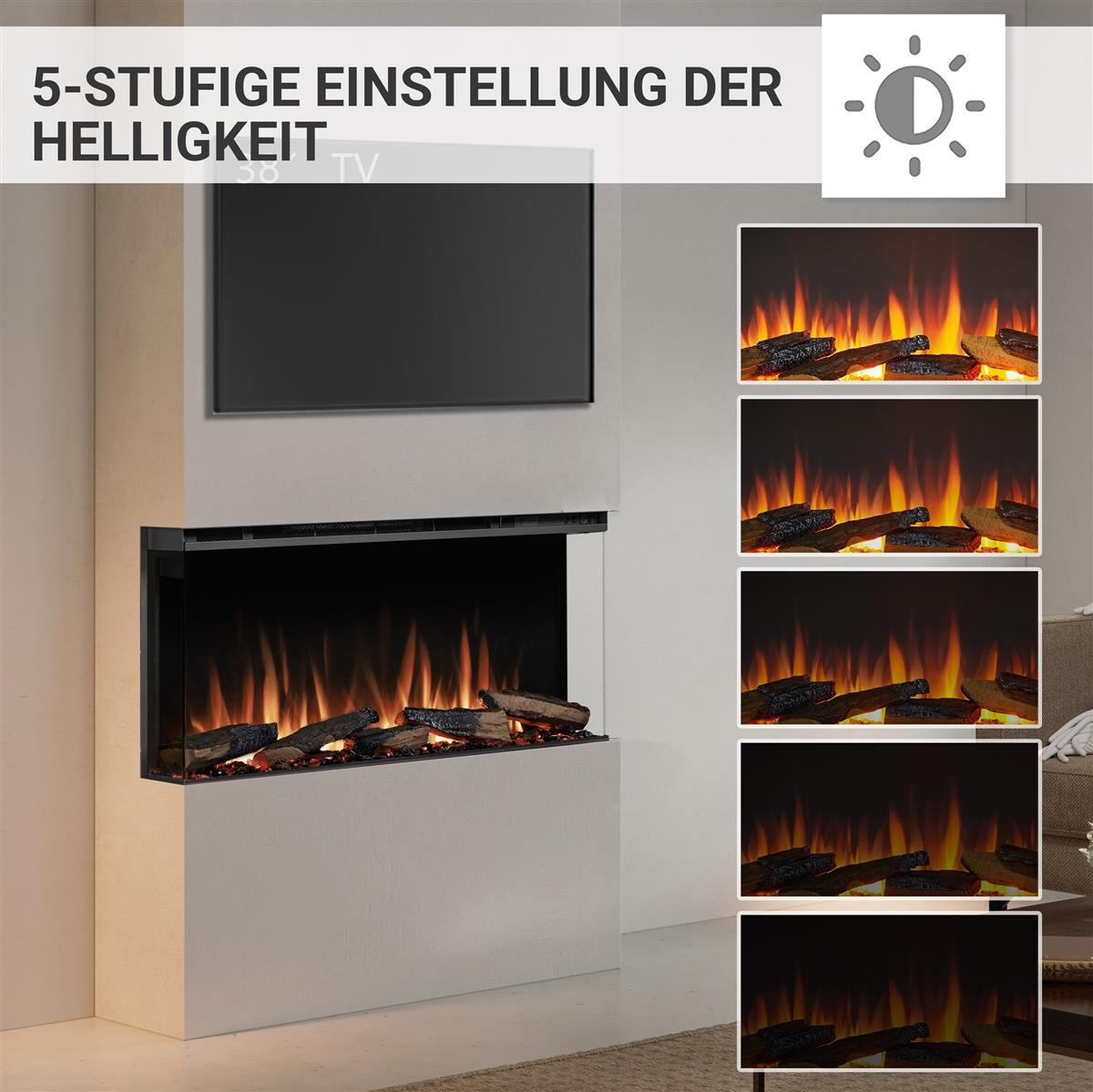 Elektrokamin mit 5 Helligkeitsstufen gezeigt. Holzscheite und Flammen.