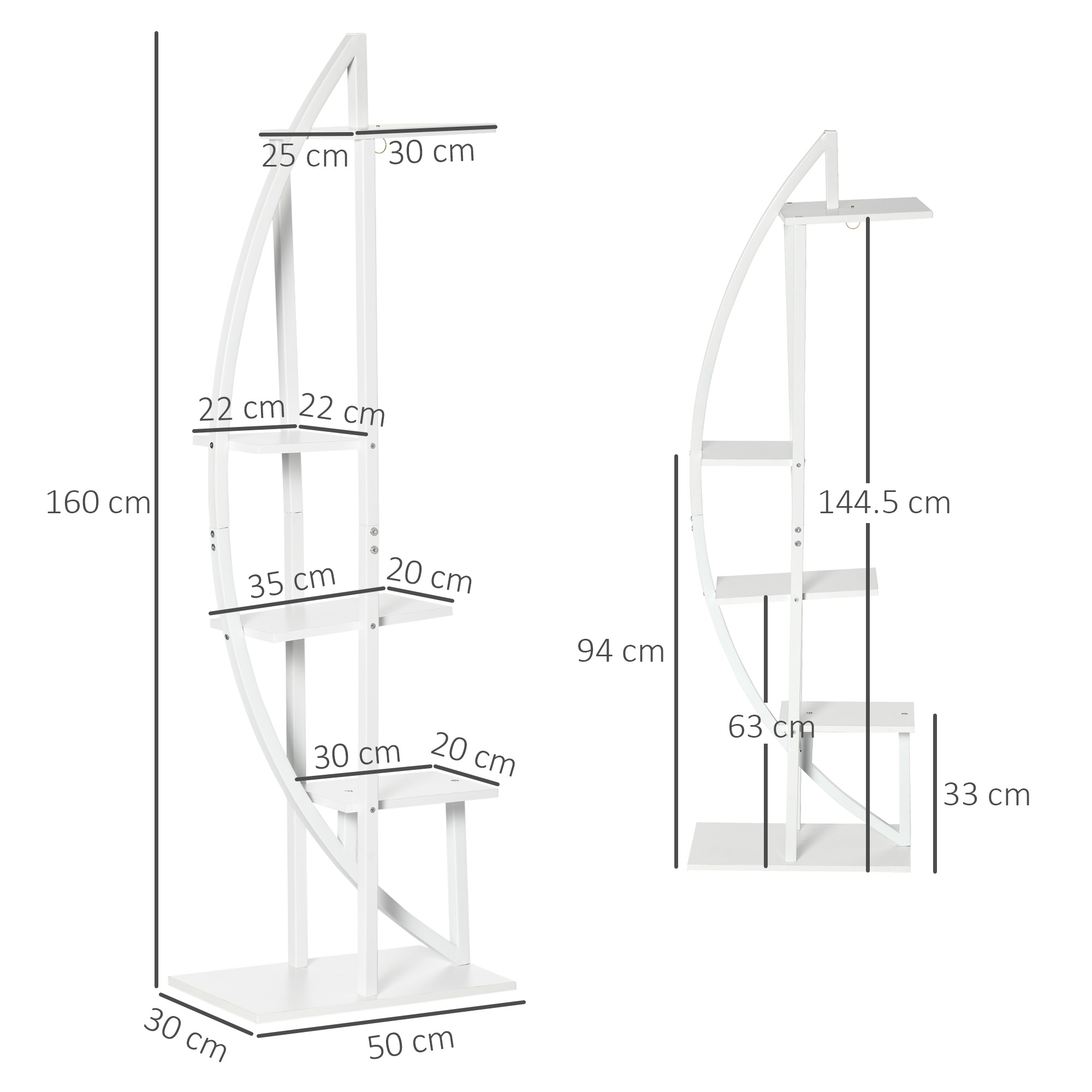 Scaffale bianco a più livelli con telaio curvo, dimensioni in cm.