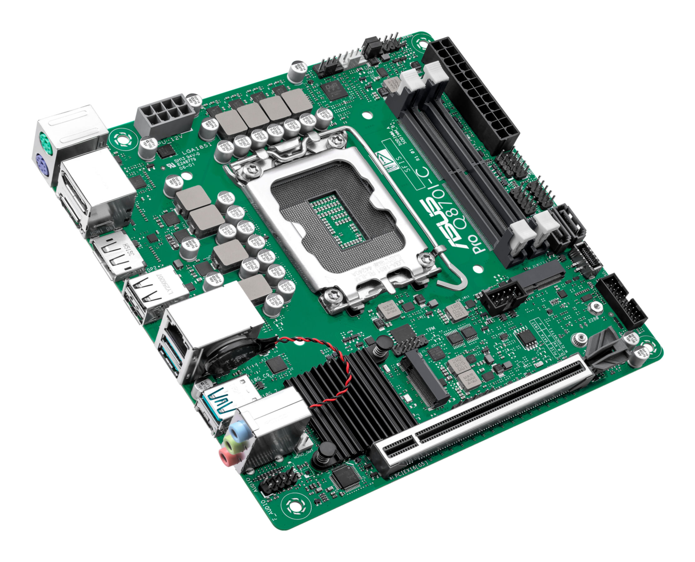 Carte mère verte avec socket CPU, slots RAM, connecteurs et dissipateur.