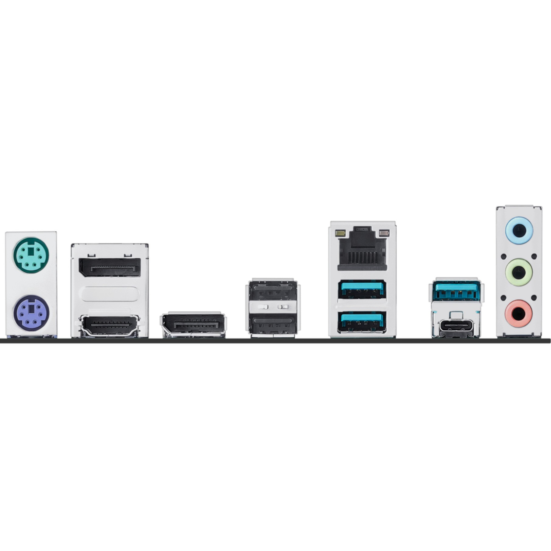 Panneau de ports avec PS/2, HDMI, USB-A, Ethernet, USB-C et prises audio.