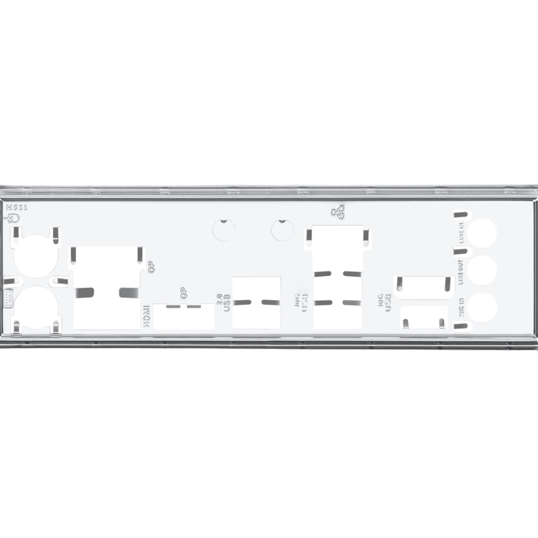 Panneau arrière de carte mère avec ports HDMI, DP, USB et audio.