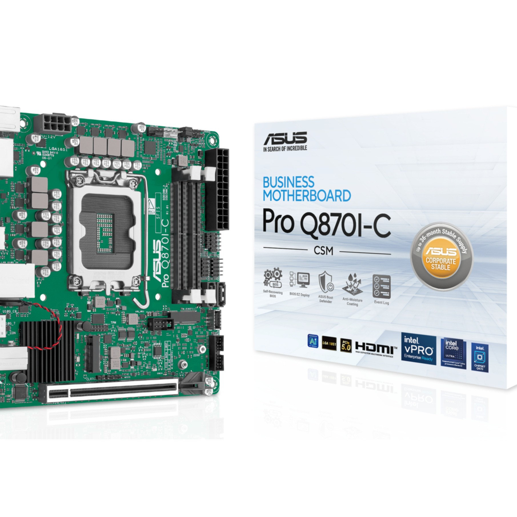 Carte mère ASUS Pro Q8701-C et emballage avec caractéristiques pro.