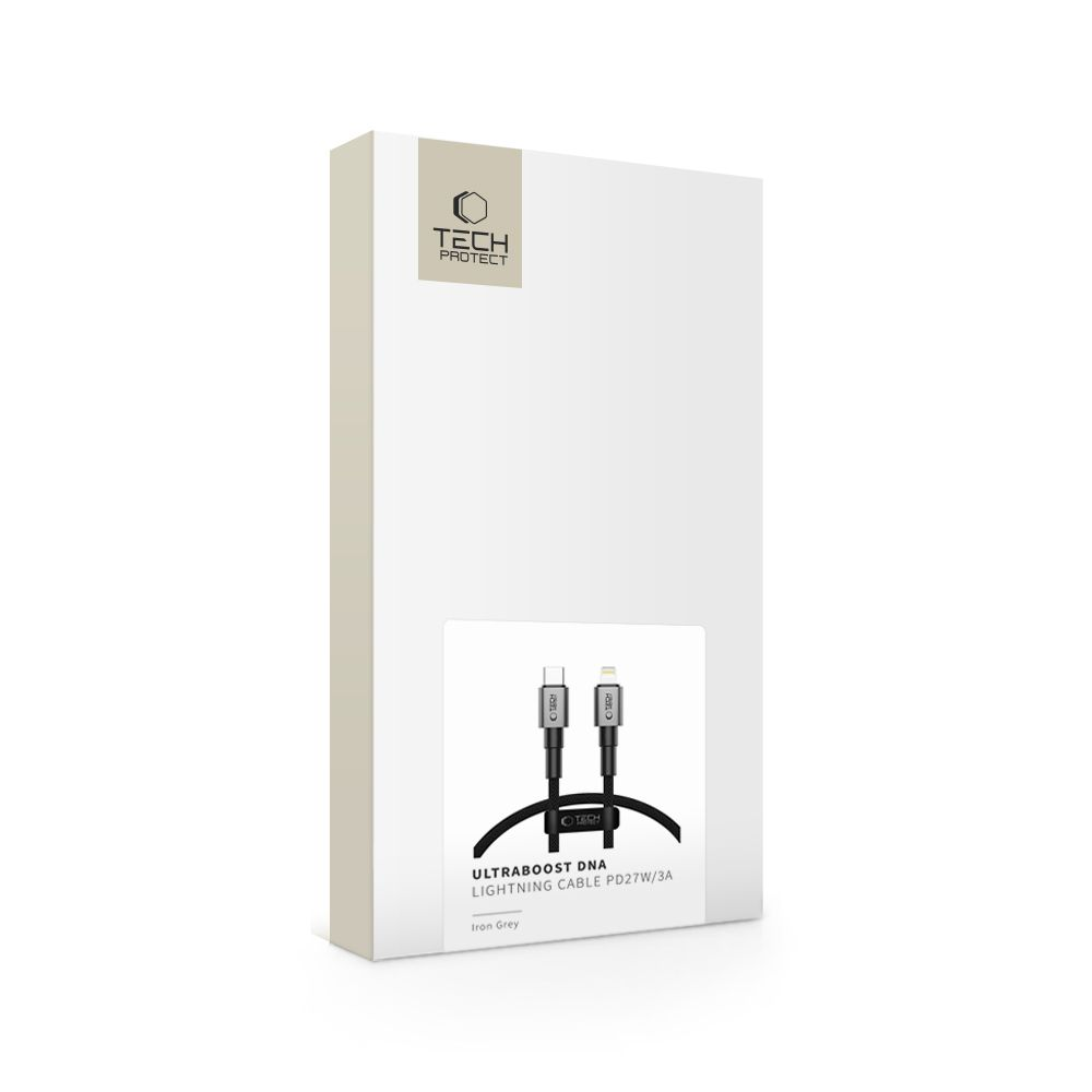White box with Tech Protect logo and image of a gray Lightning cable.